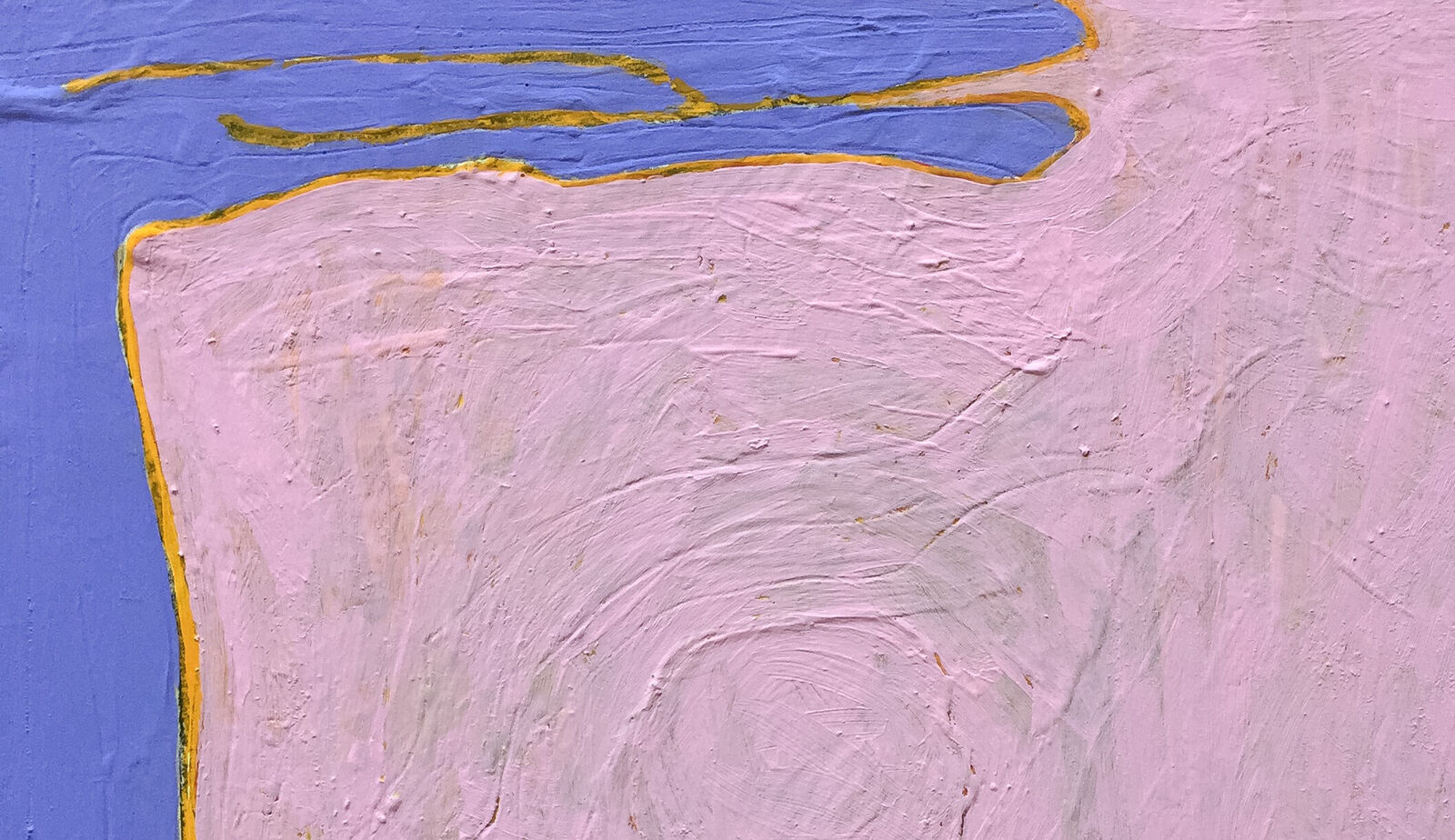 A thick-painted abstract composition featuring a large pink shape against a blue background.