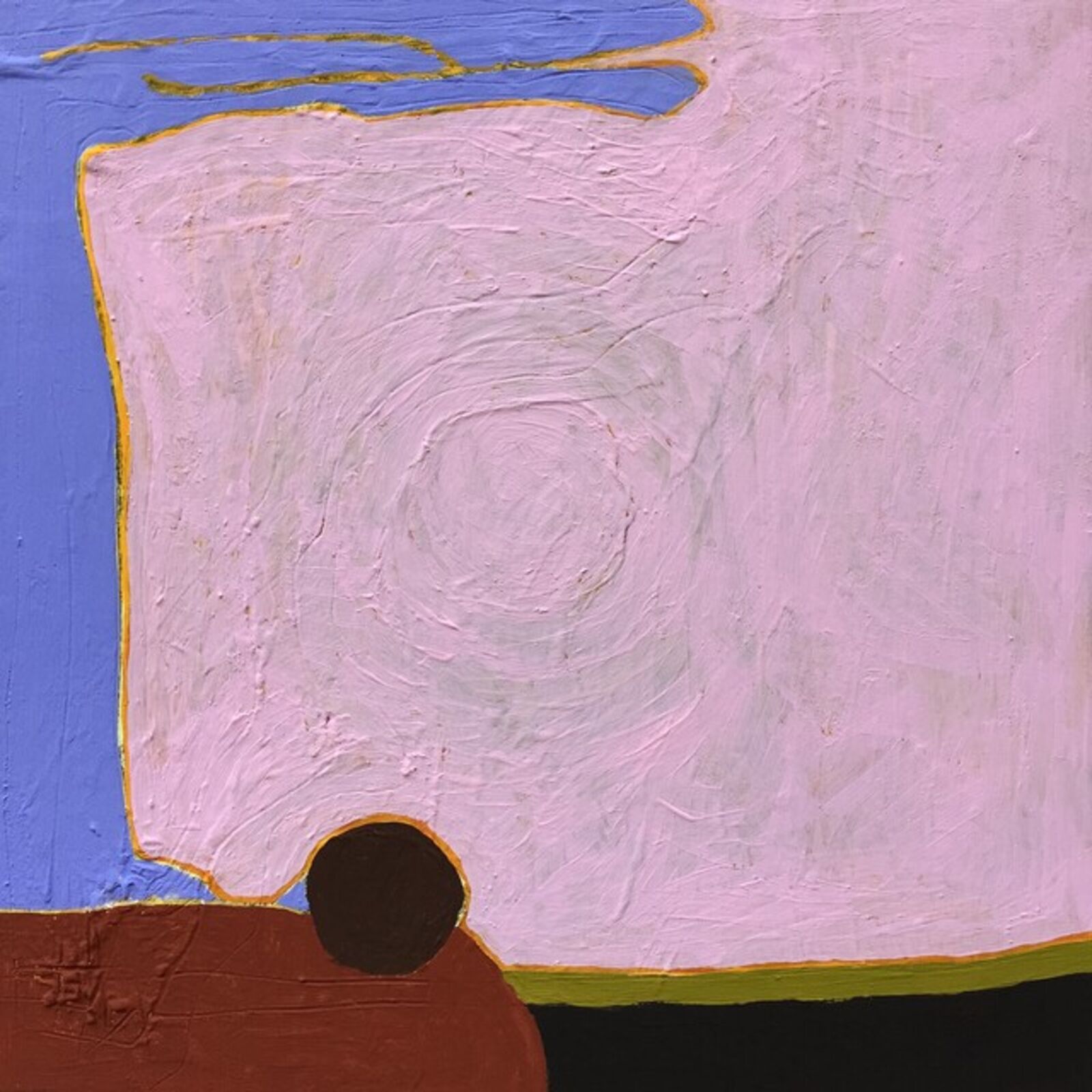A thick-painted abstract composition featuring a large pink shape against a blue background.