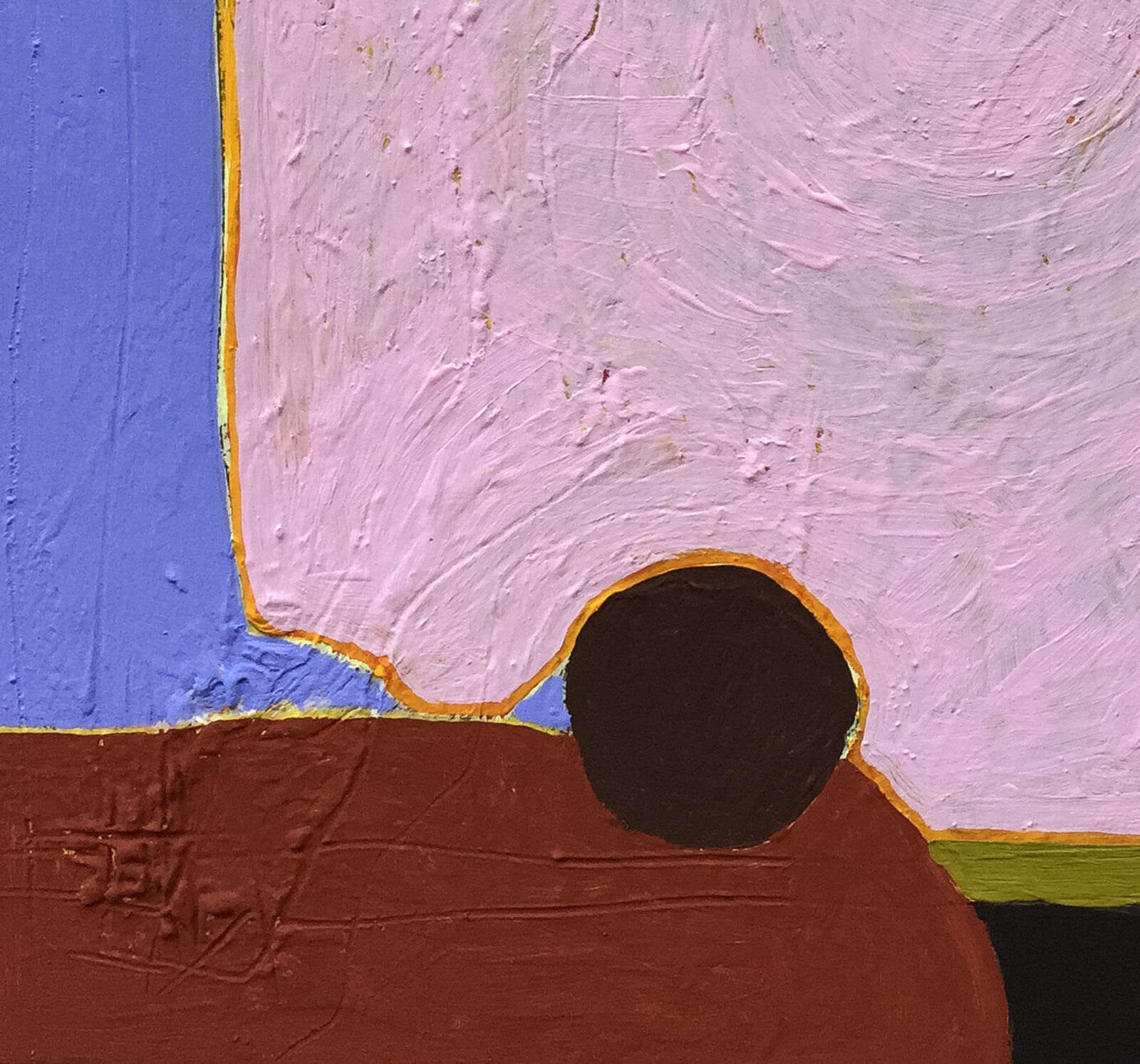A thick-painted abstract composition featuring a large pink shape against a blue background.