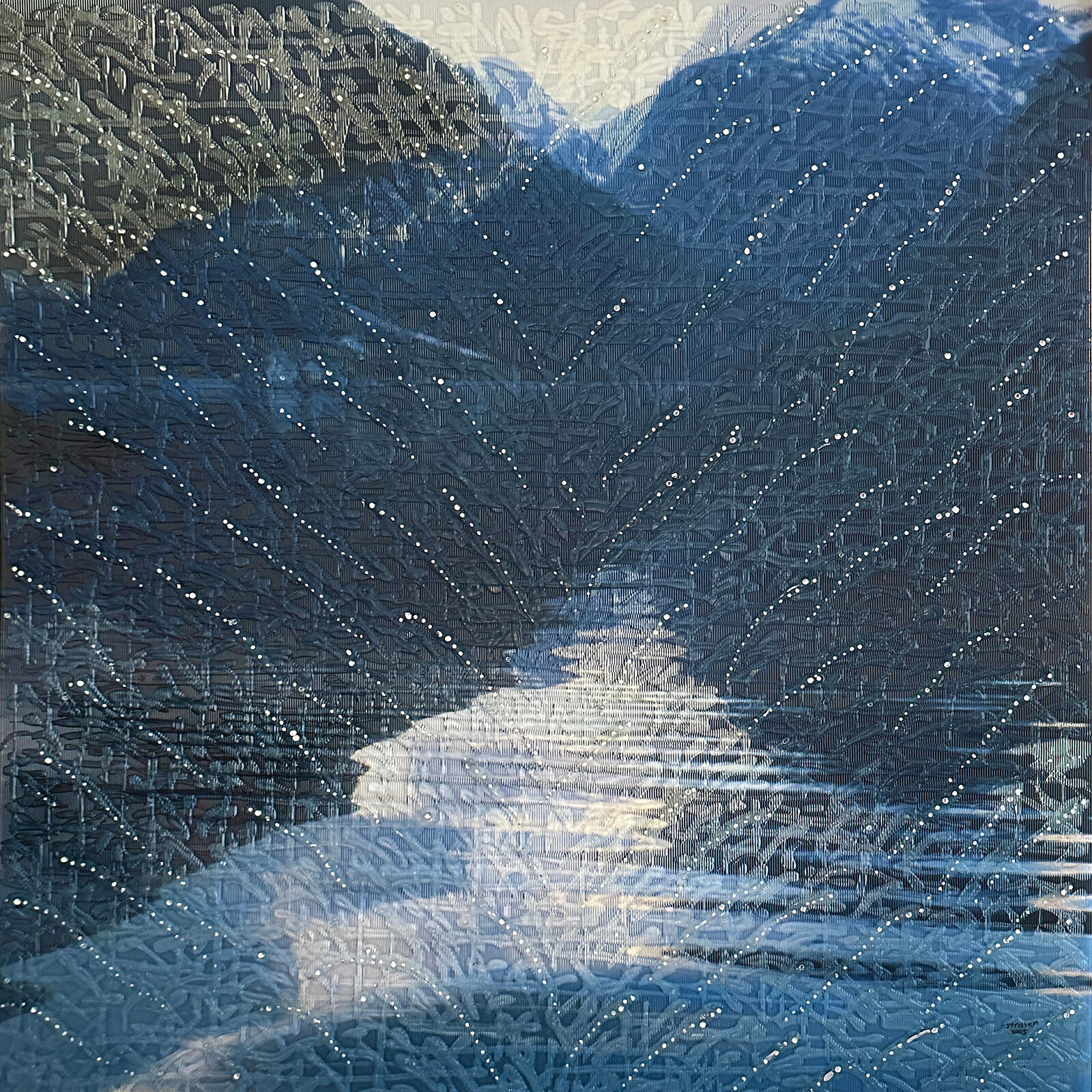 A painting of a mountain scene with snow covered mountains.