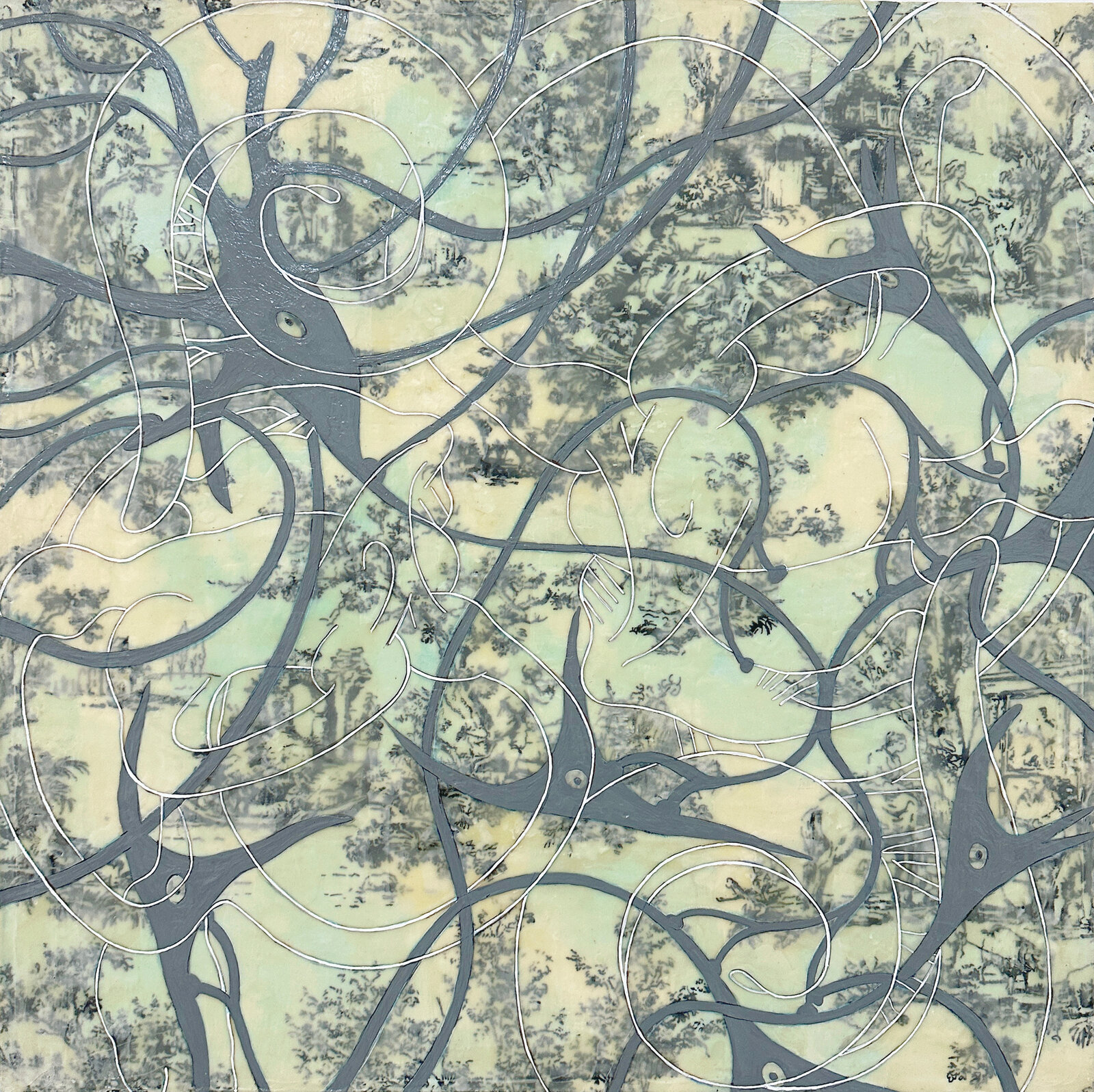 A painting of a tree with many branches in it.