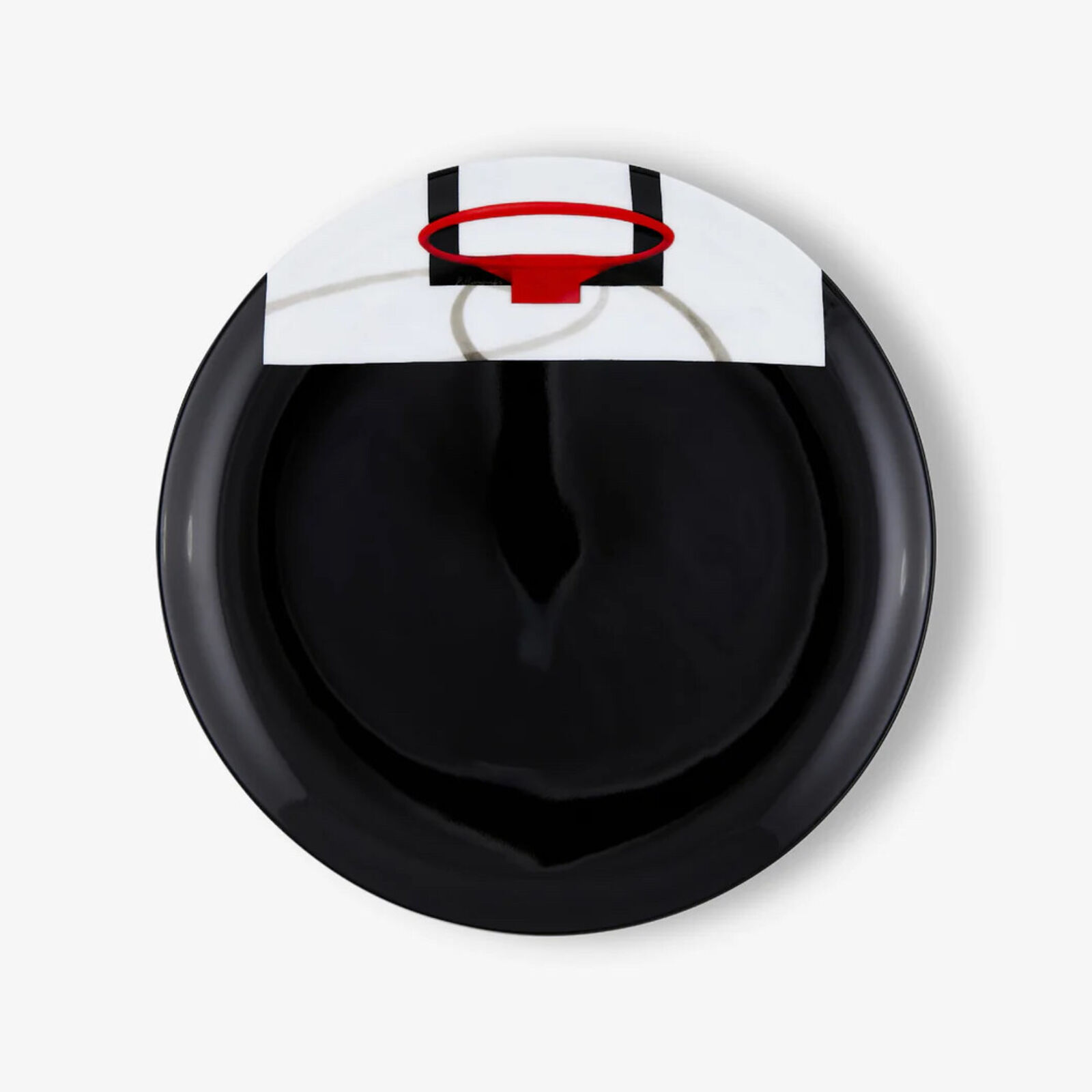 A black plate with a basketball hoop on it.