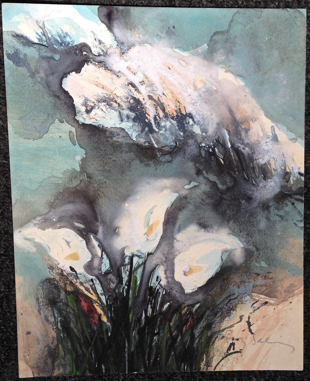 A painting of a mountain with snow on it.