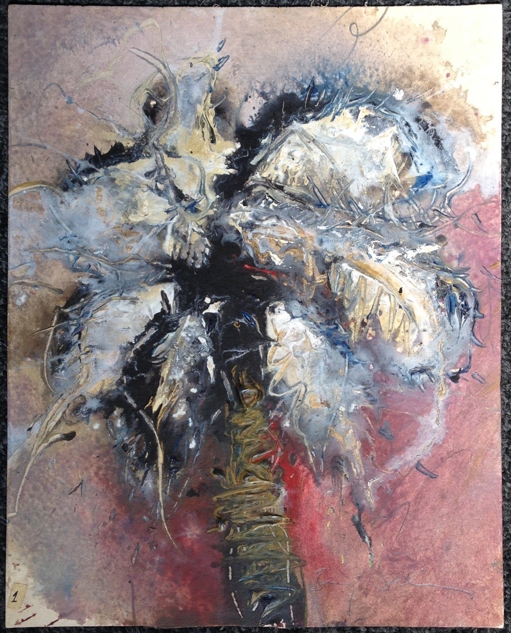 A painting of a flower on a pink background.