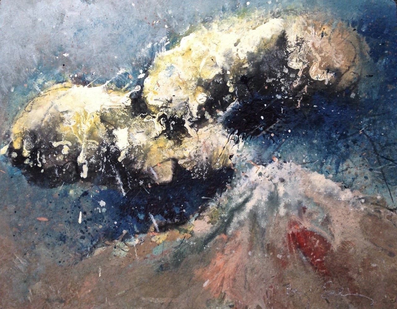 A painting of a cloud in the sky over a mountain.