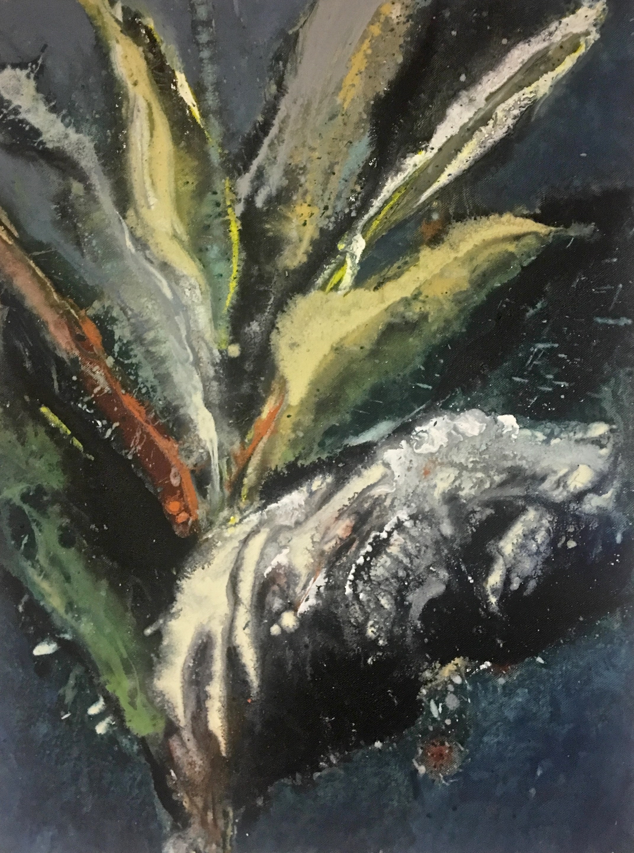 A painting of a fish on a black background.