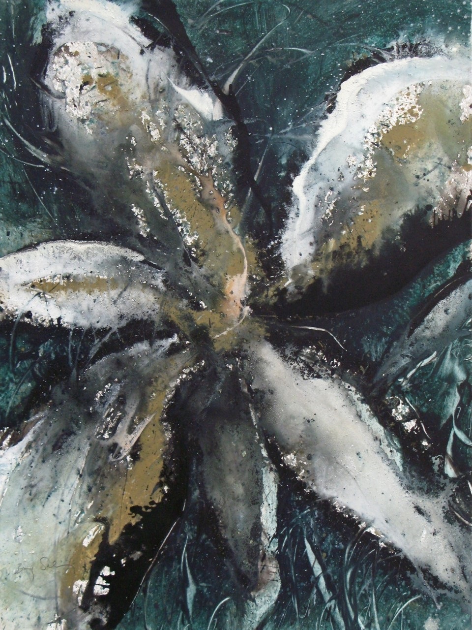 A painting of a white flower on a green background.