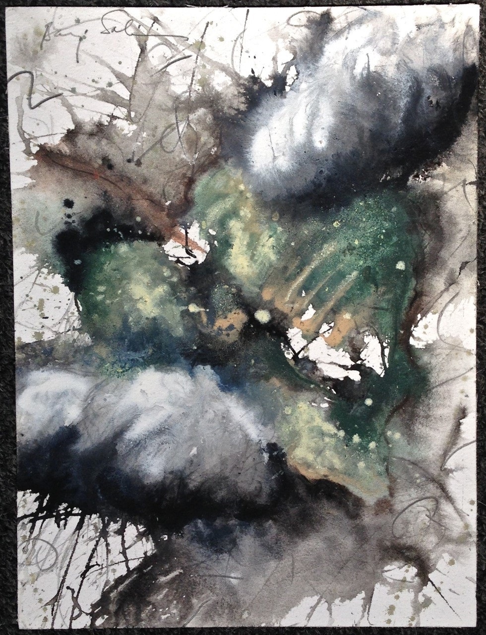 A painting of a black and green abstract painting on a white background.