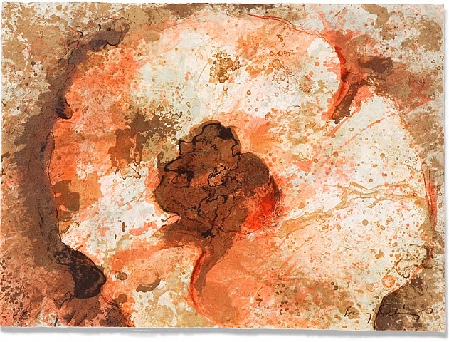 A painting of an orange and brown abstract painting on a white background.