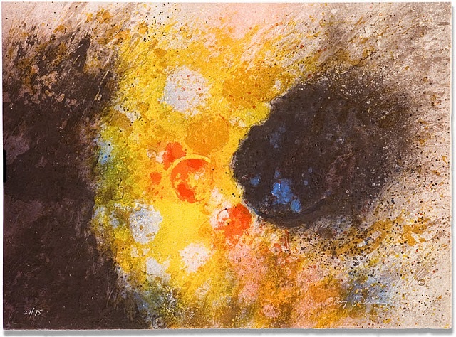A painting of a sun with a black hole in it.
