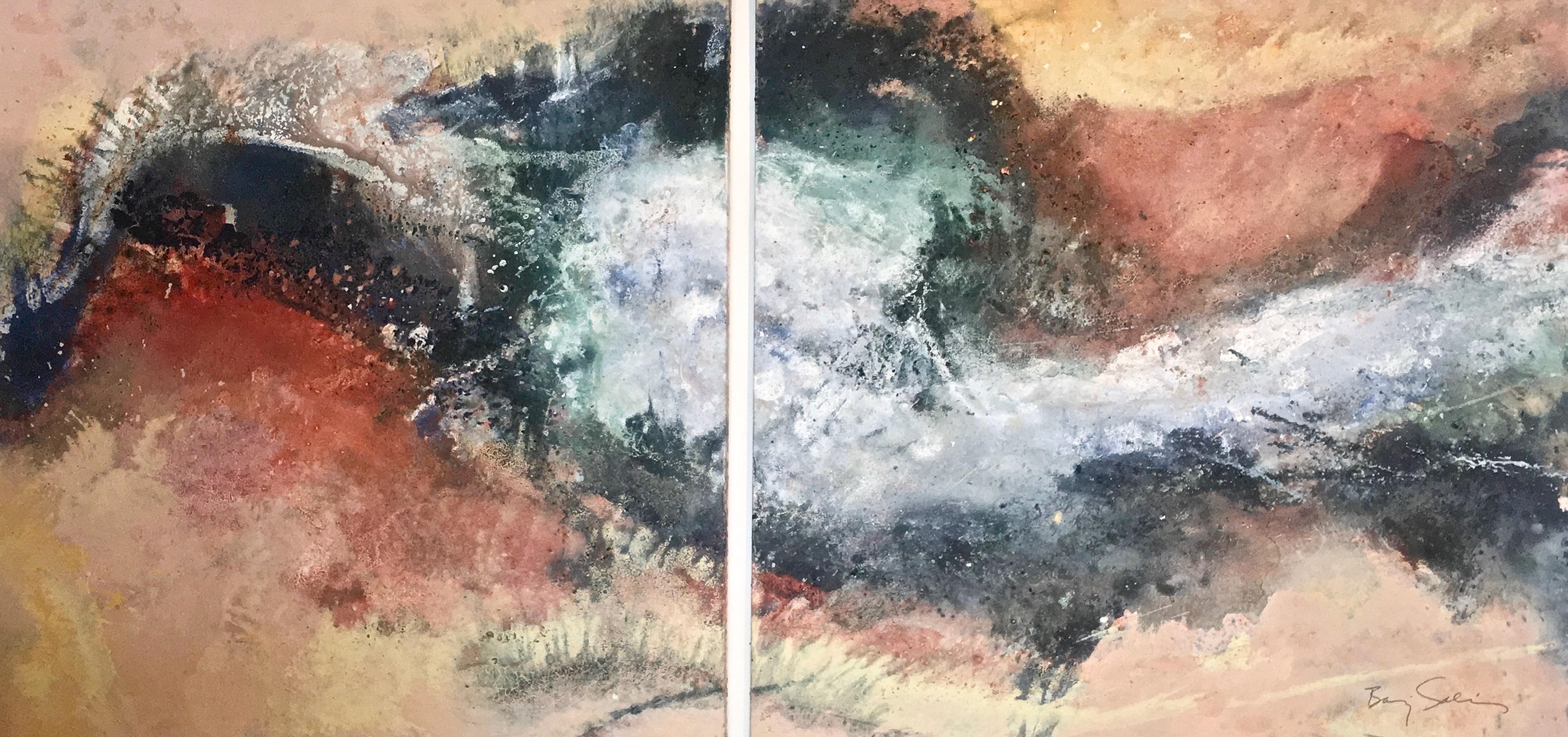 A painting of two paintings of a mountain landscape. 