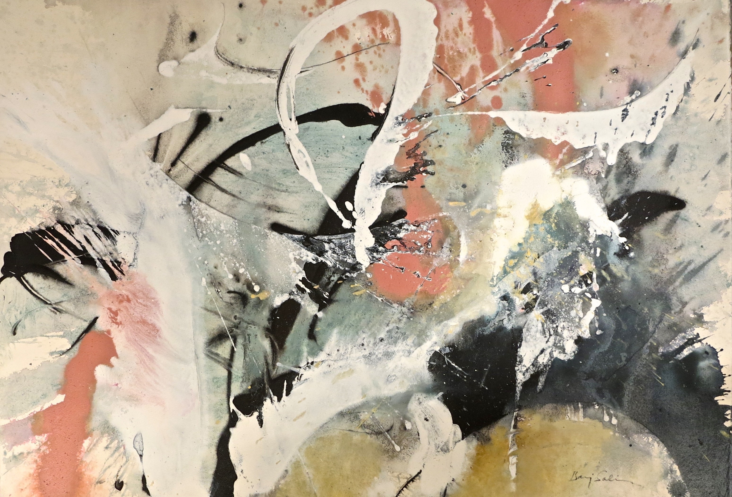 A painting with lots of paint splatters on it. 