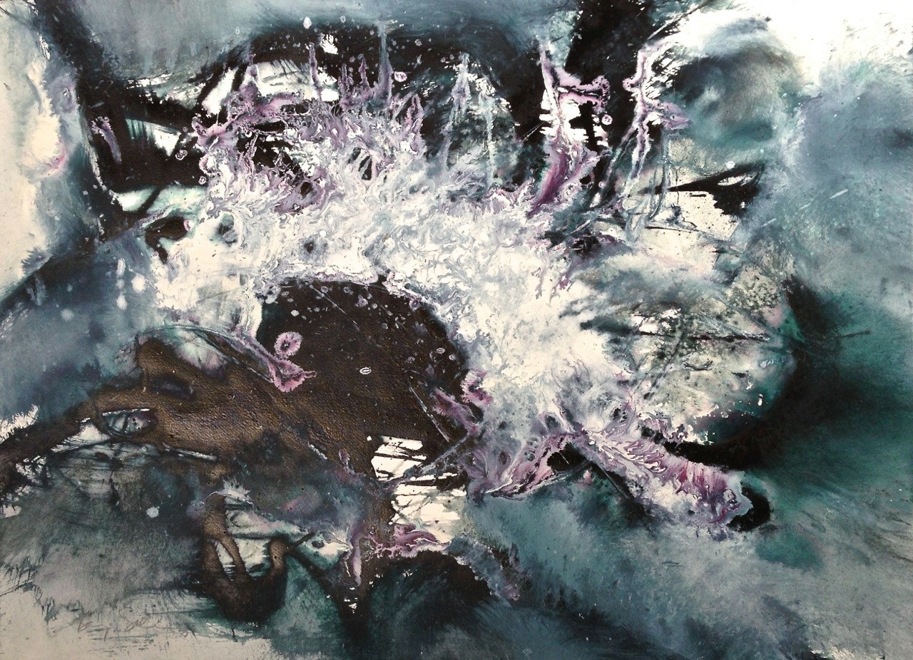 A painting of a black and white abstract painting on a wall.
