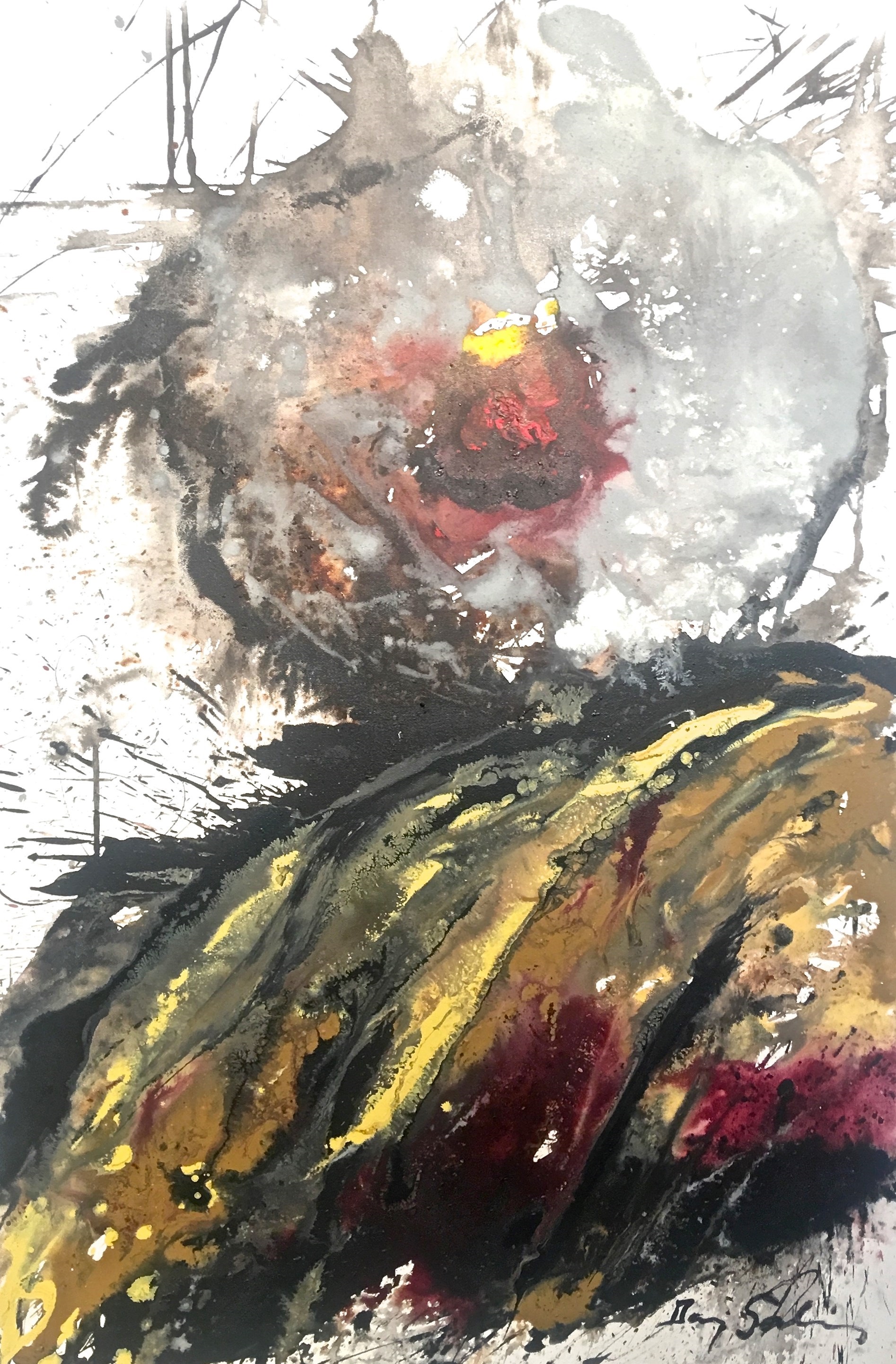 A painting of a black and yellow abstract painting on a white background.