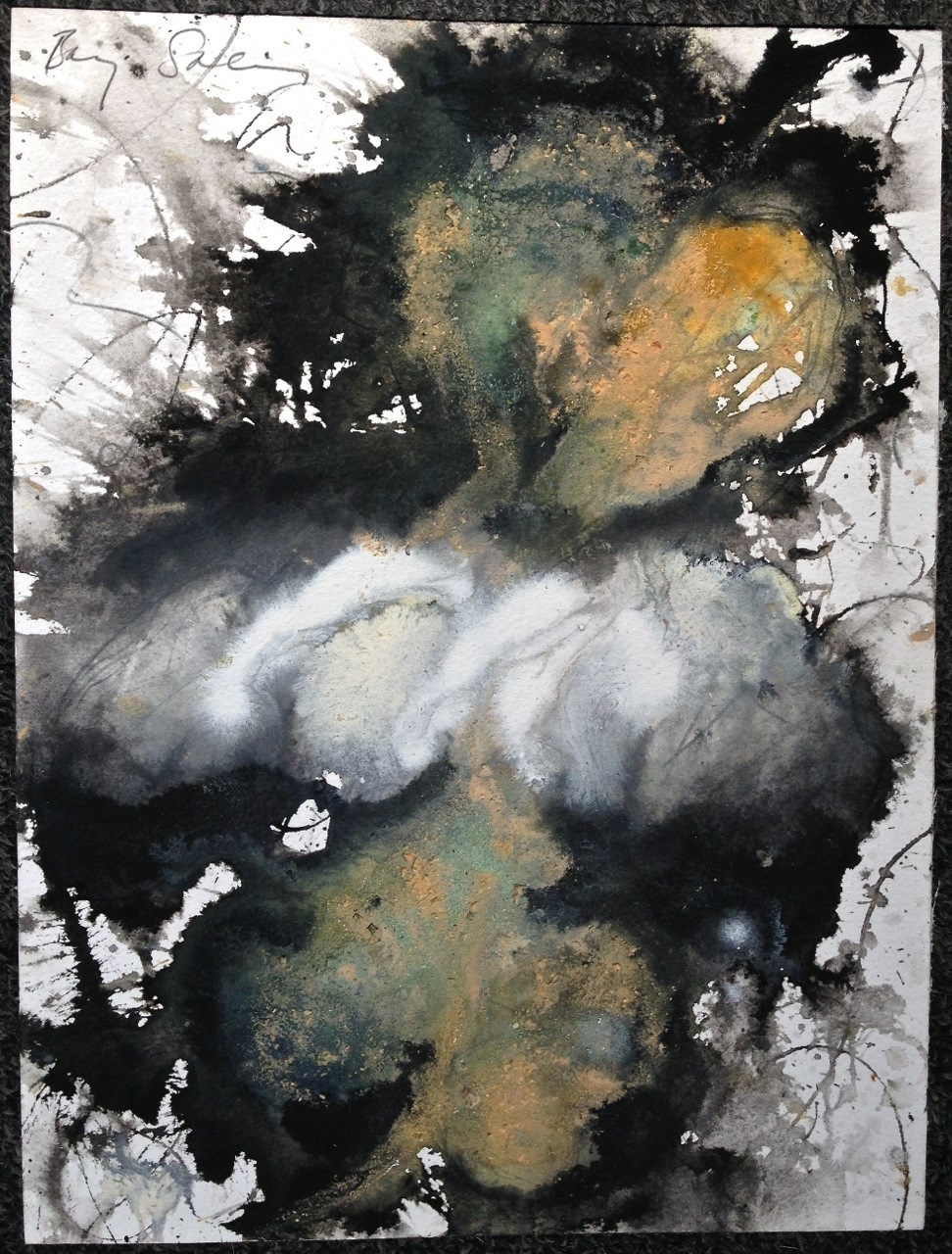 A painting of a black and white abstract painting on a black background.