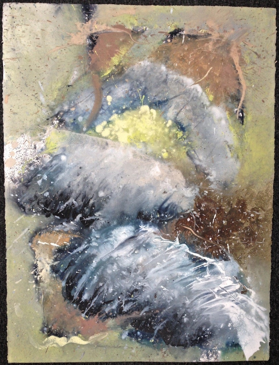 A painting of a blue flower on a green background.