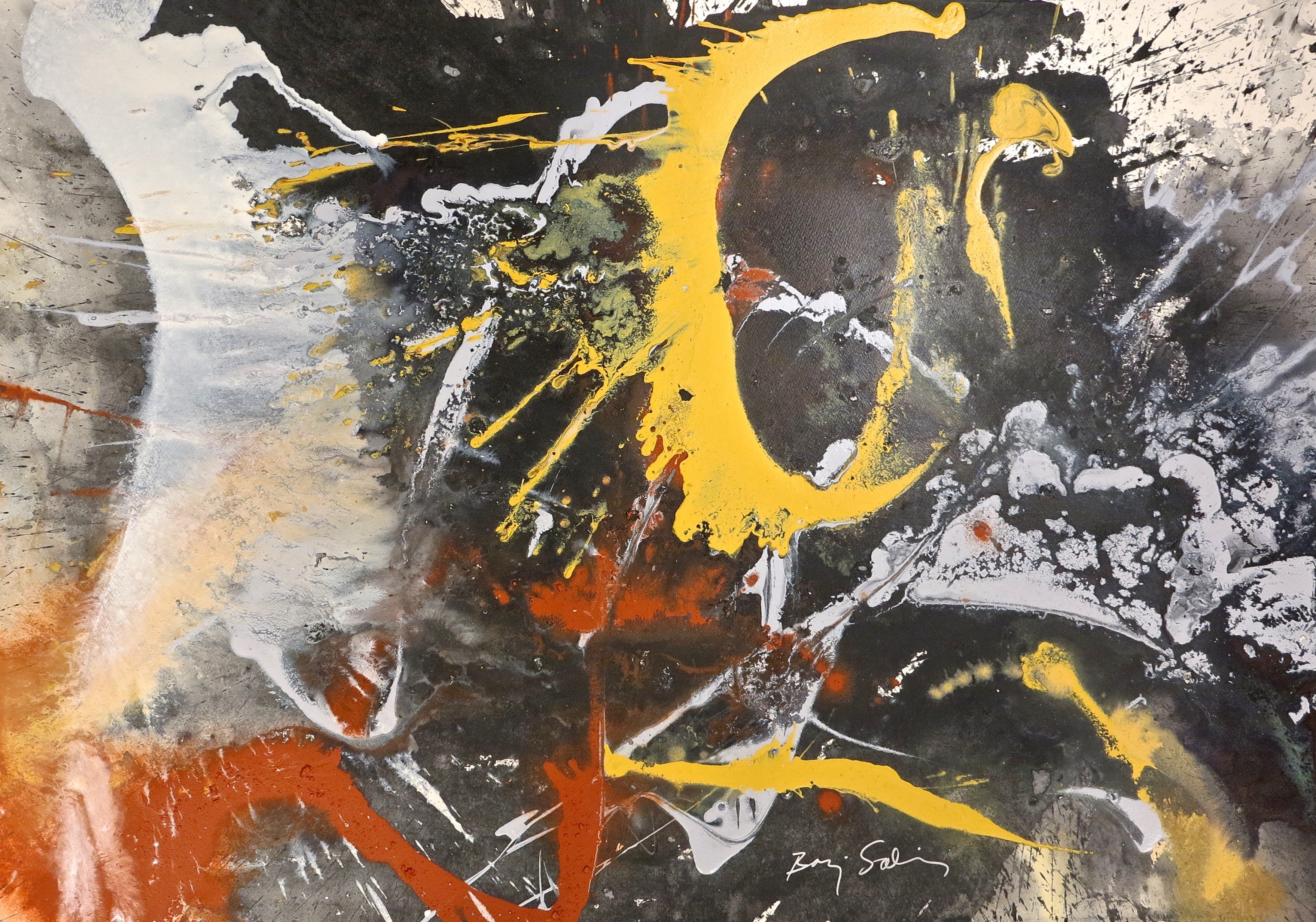 A painting with yellow and black paint splatters on it.