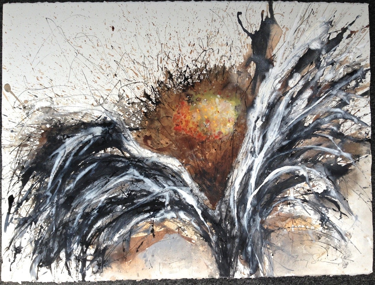 A painting of a woman's face with a sun in the background.