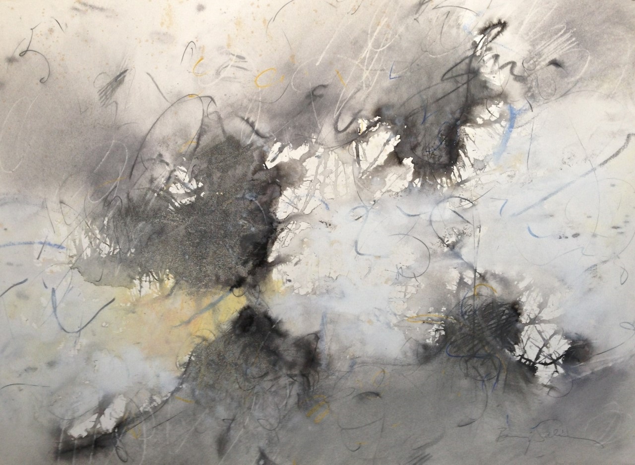 A painting with black and white paint on a gray background.