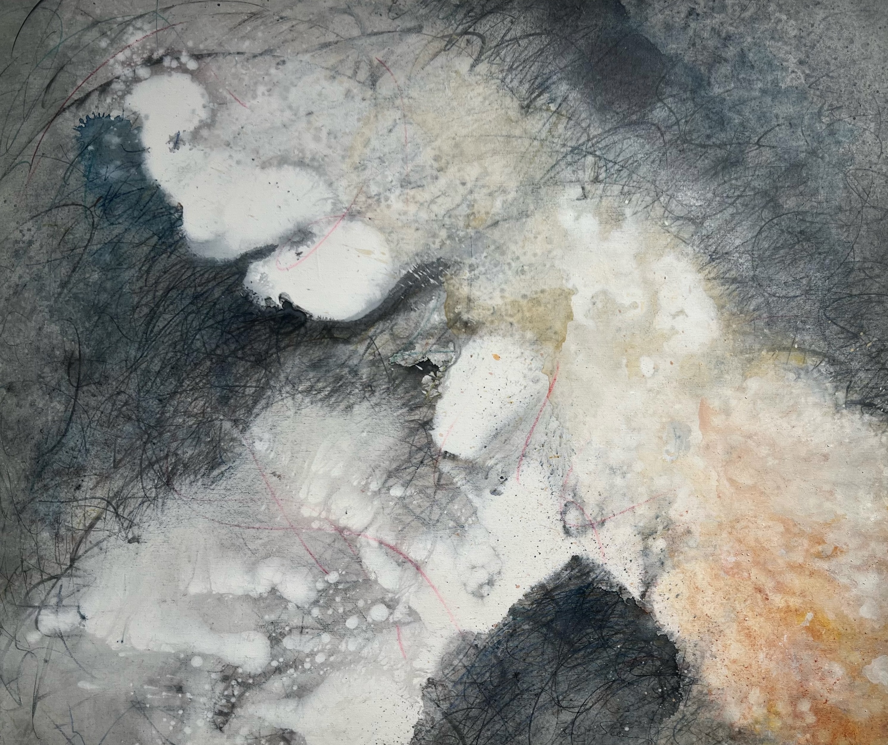 A painting of a black and white abstract painting on a gray background.