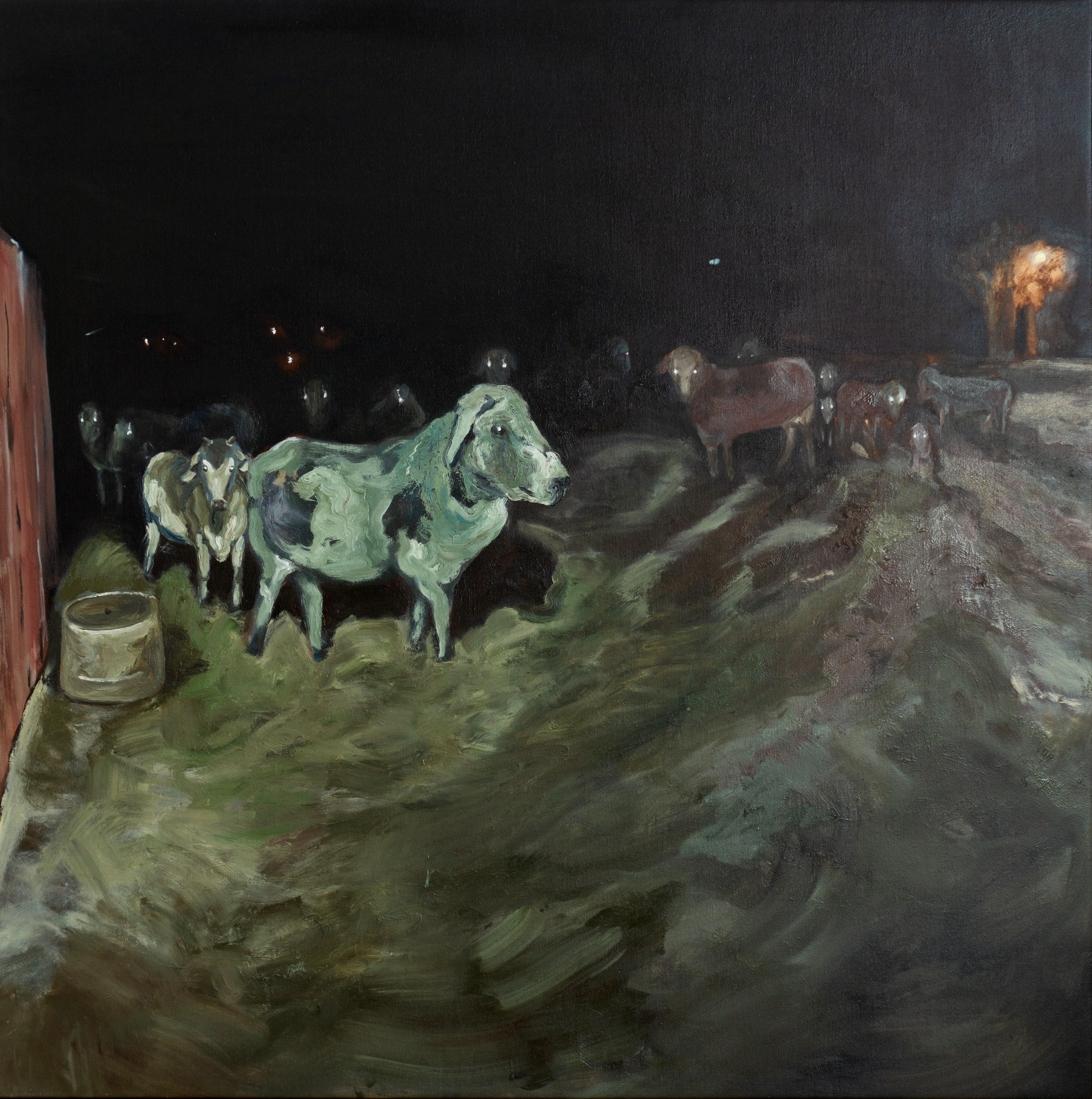 A painting of cows in a field at night. 