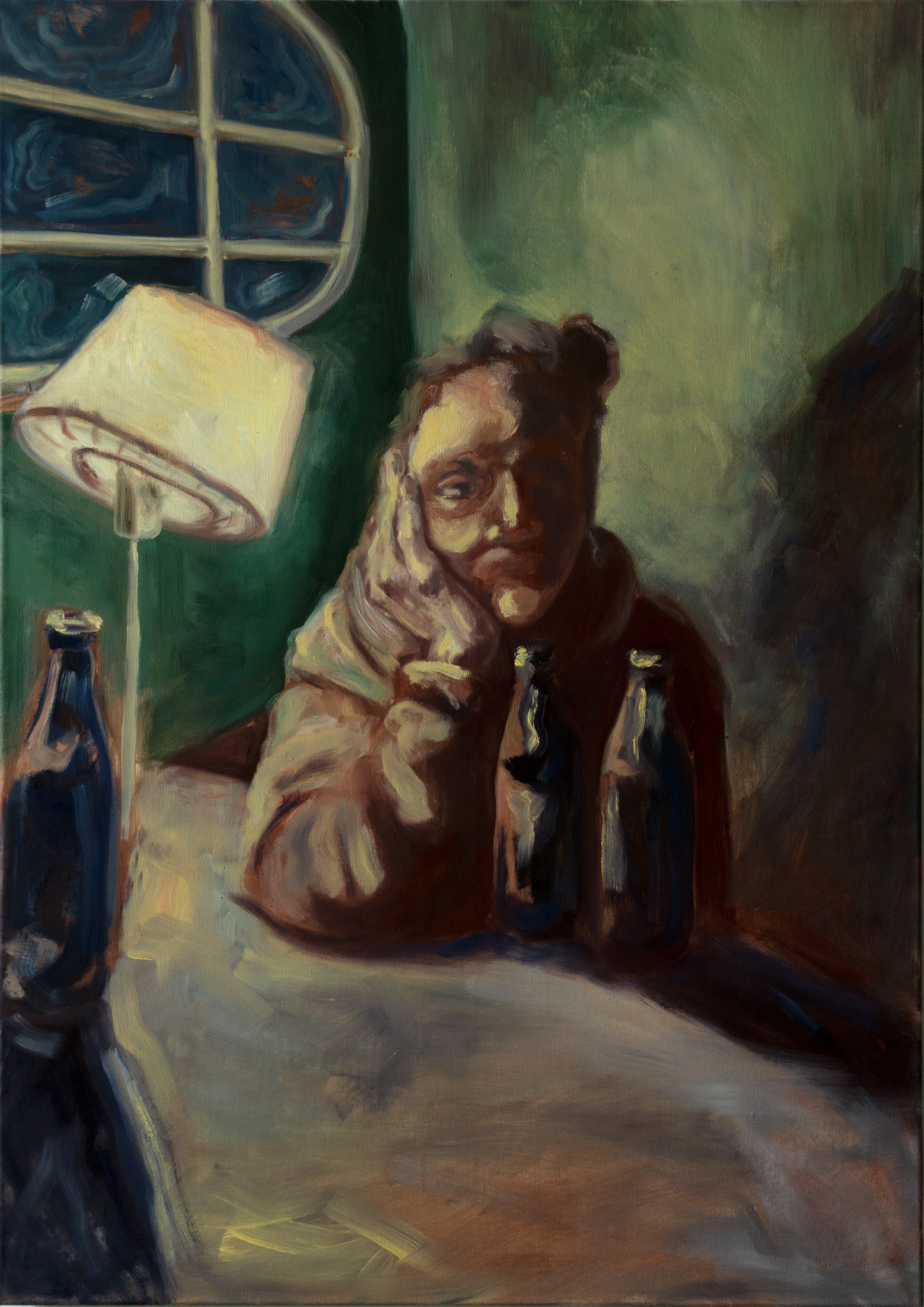 A painting of a woman sitting at a table with a lamp.