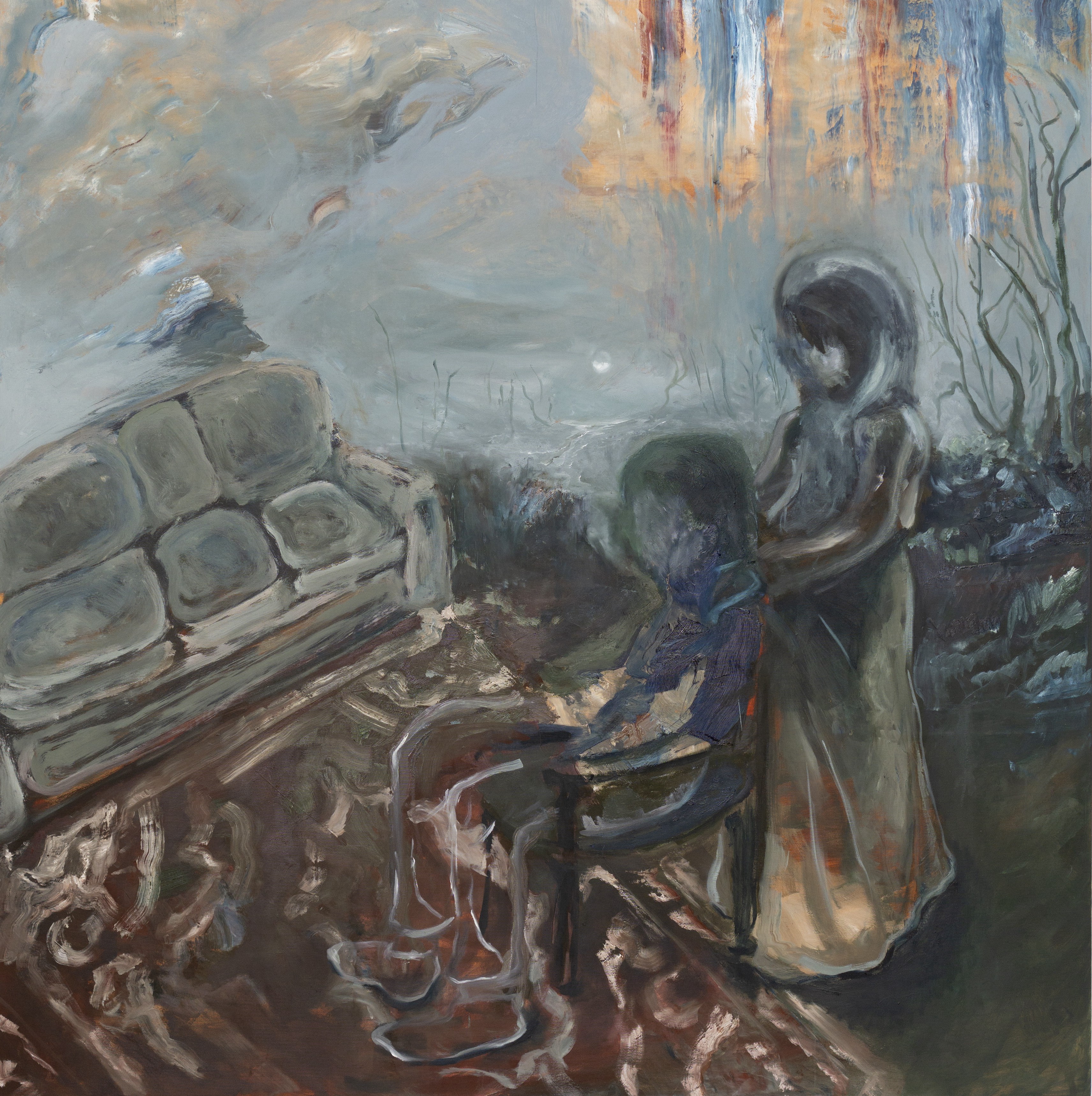 A painting of two people sitting on a bench.