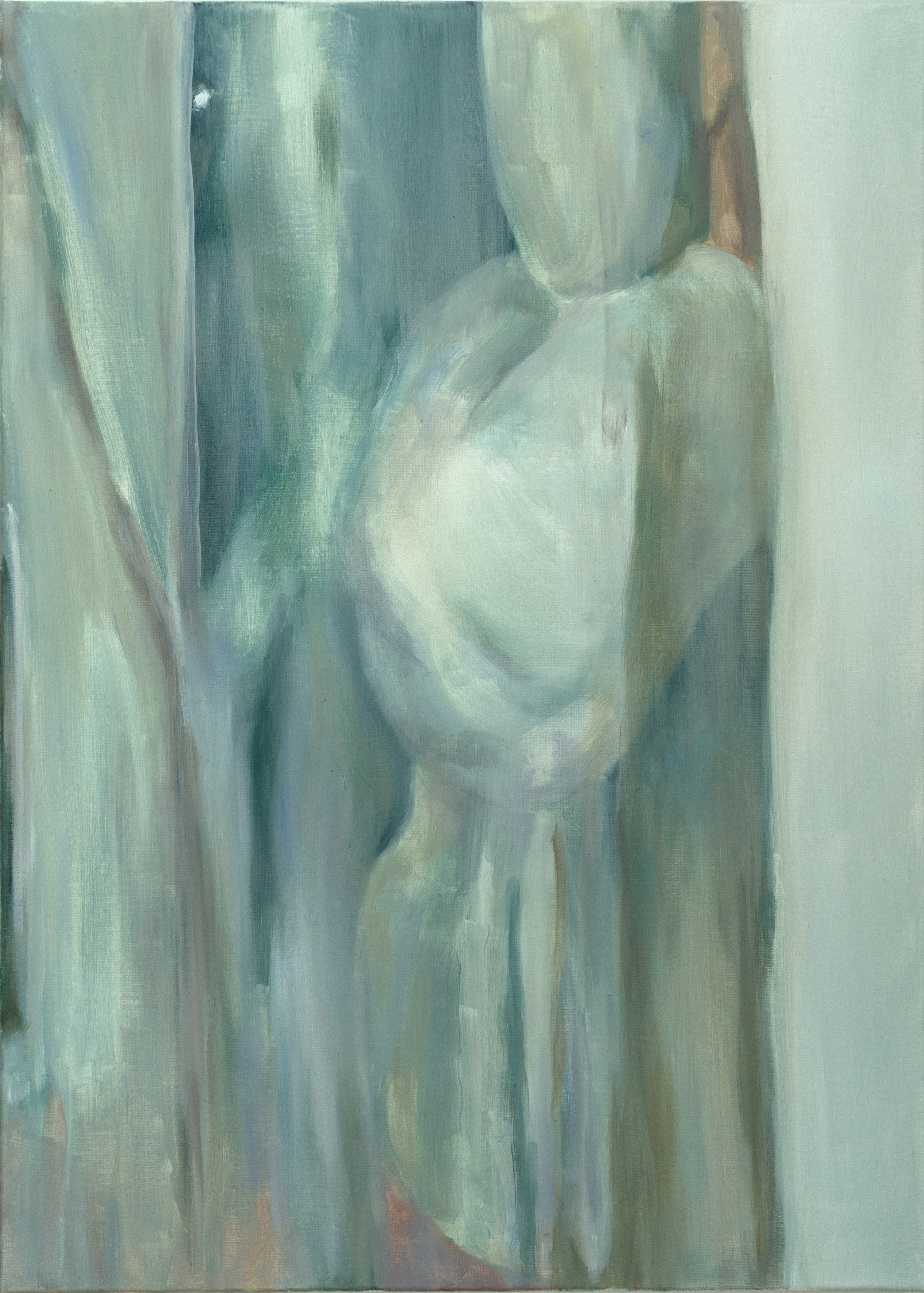 A painting of a nude woman standing in front of a curtain.