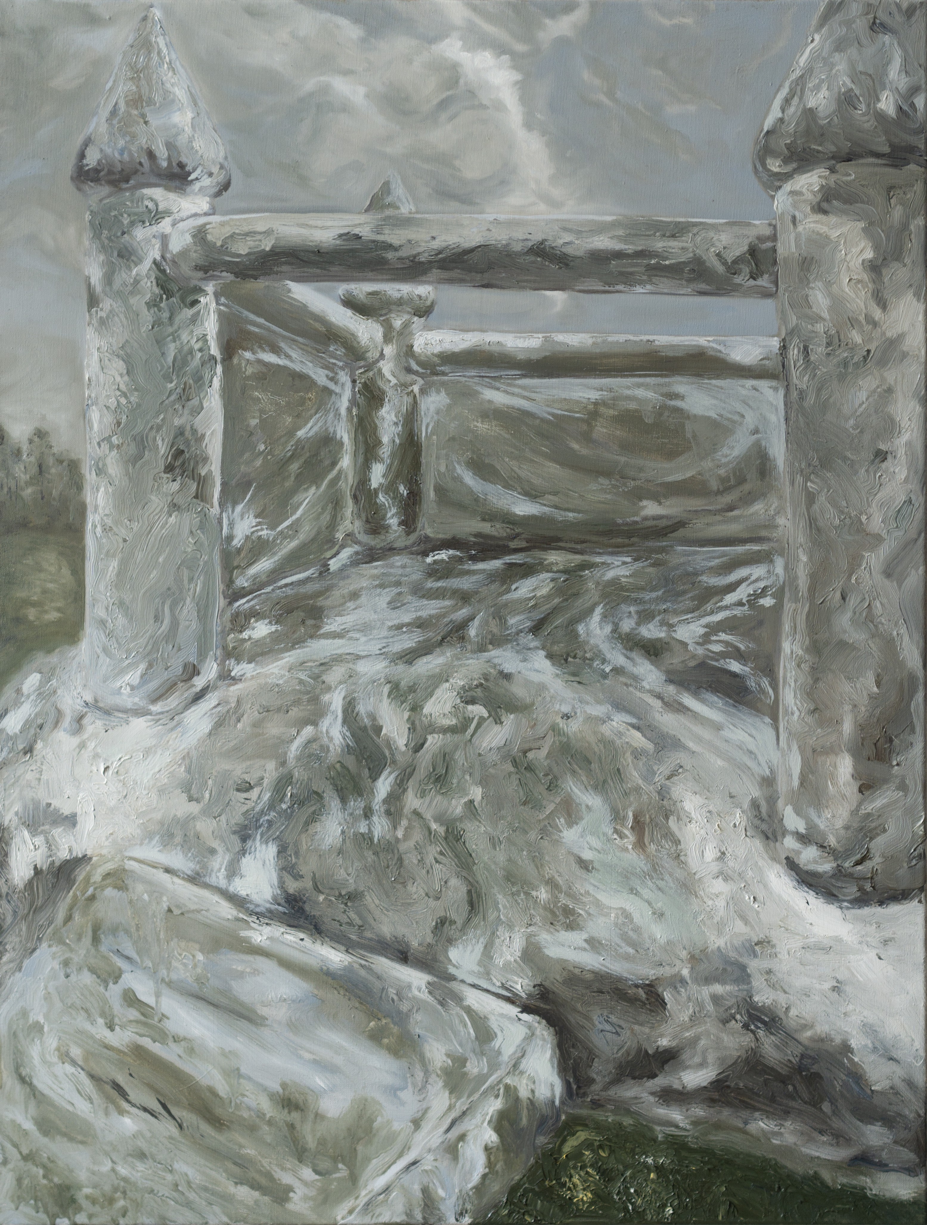 A painting of a stone bridge over a body of water.