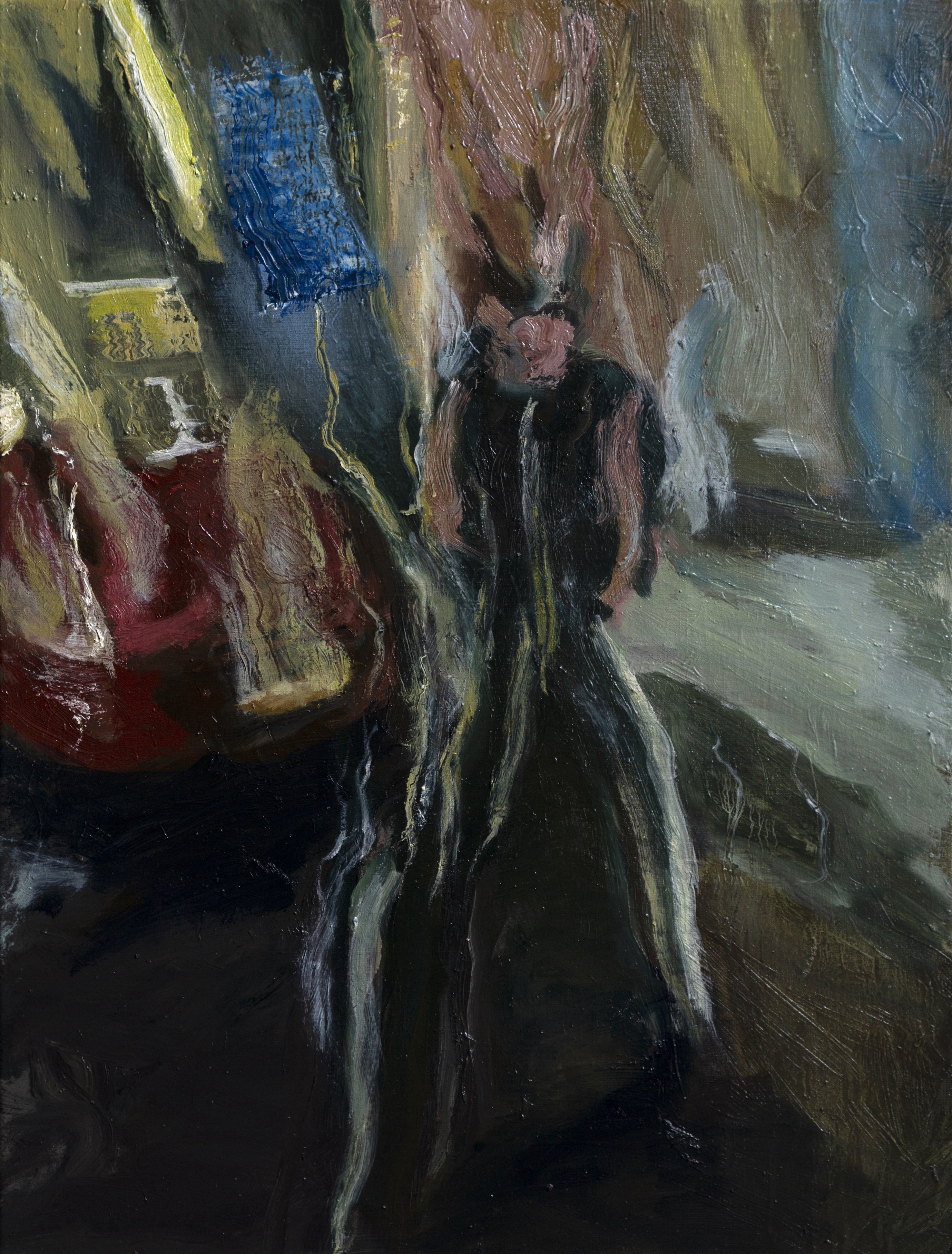 A painting of a woman in a black dress walking down a street.