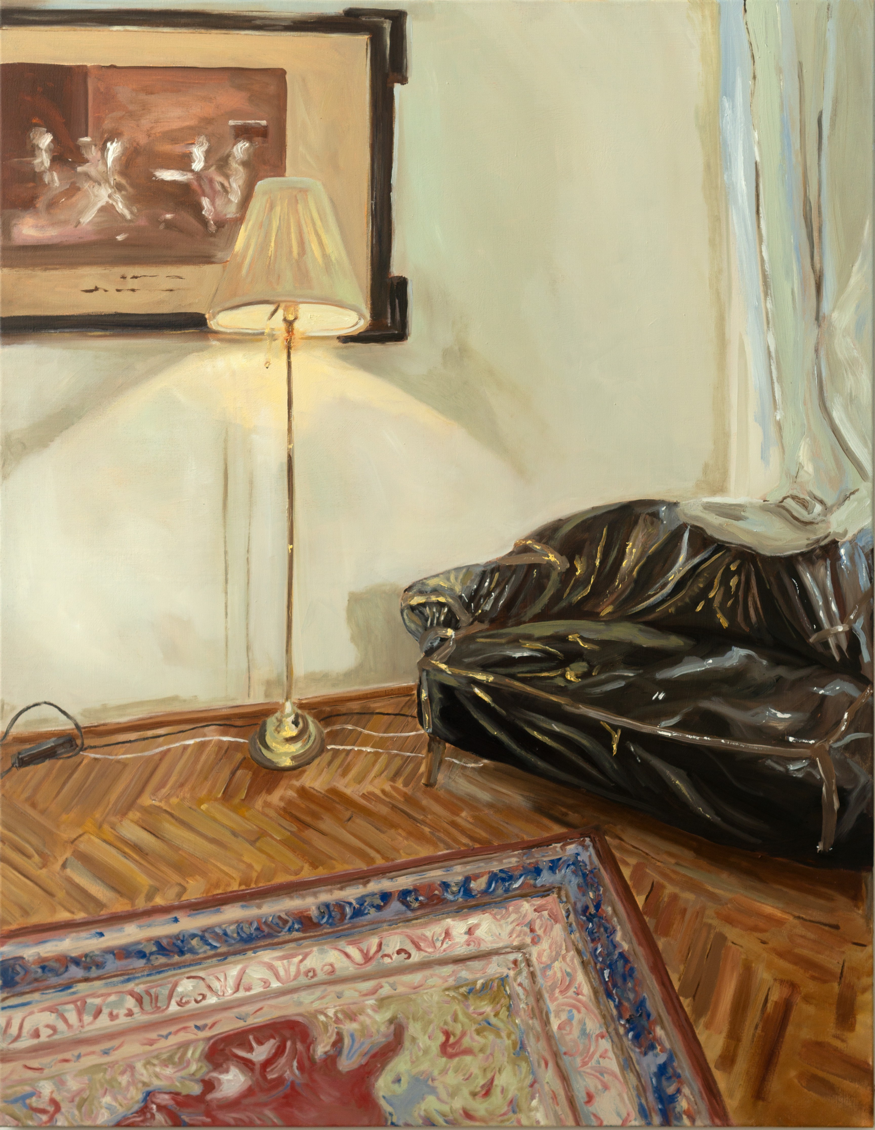 A painting of a living room with a couch and a lamp.