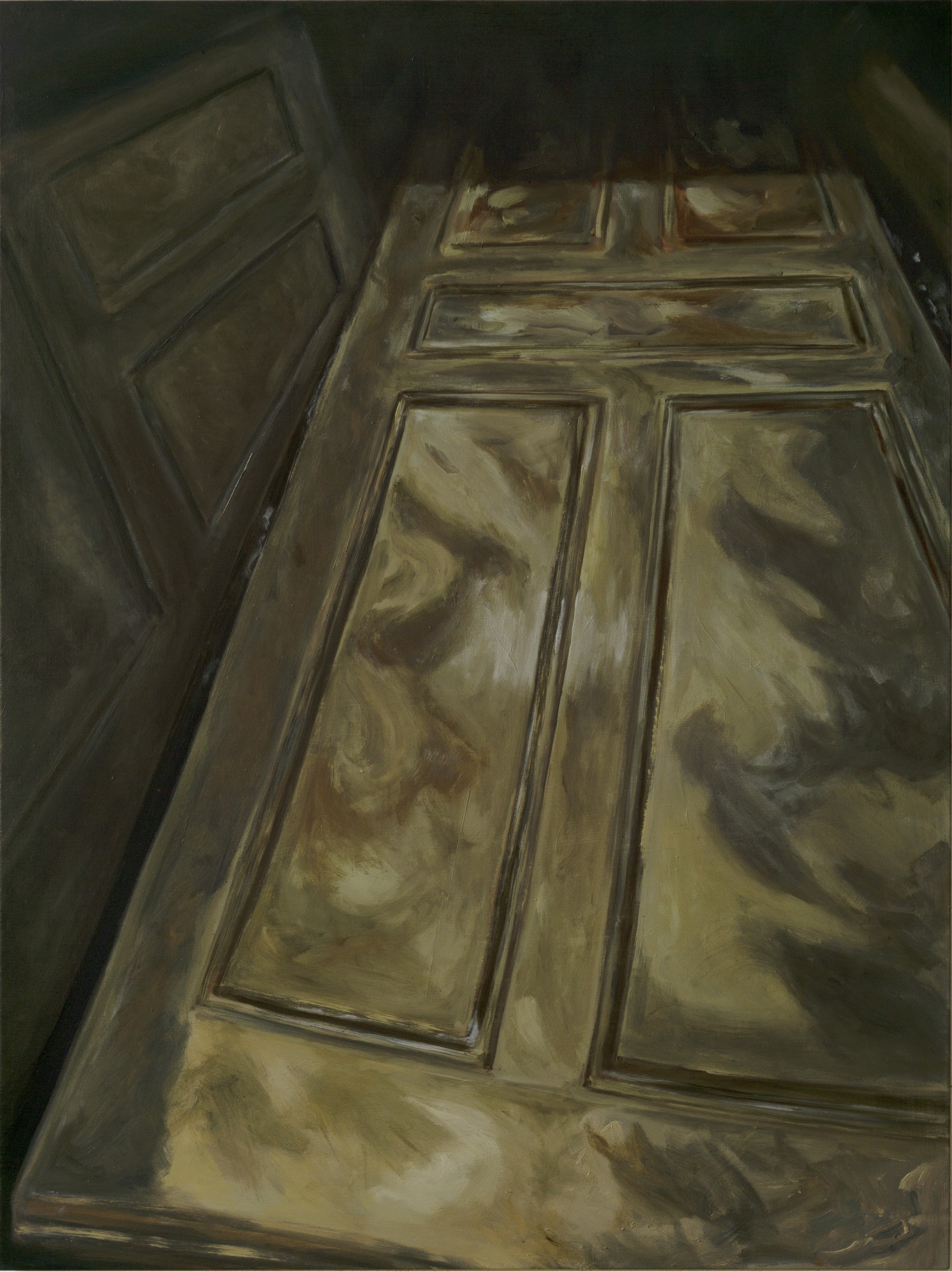 A painting of an open door in a dark room.
