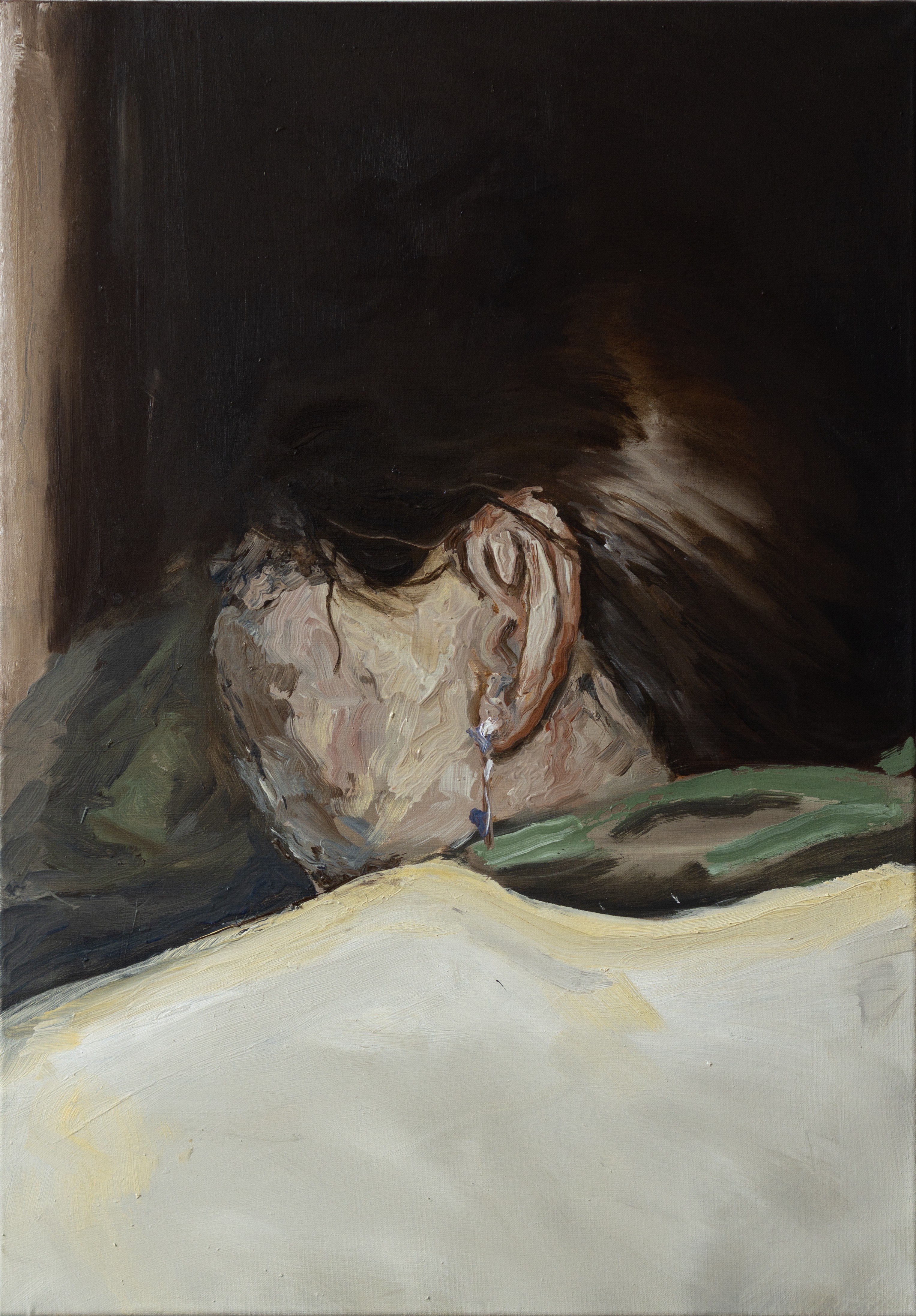 A painting of a woman laying down on a bed.