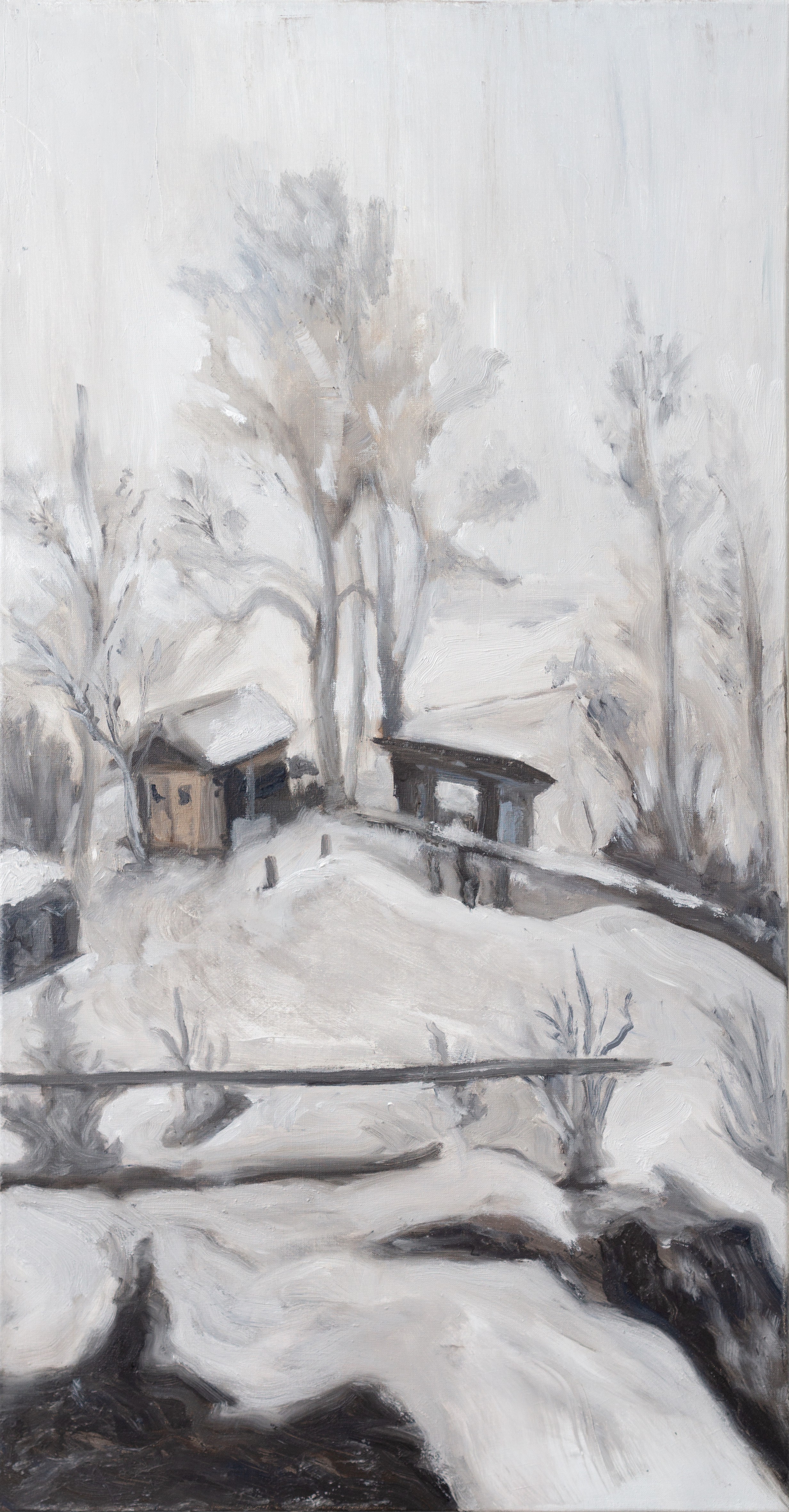 A painting of a snowy landscape with a house in the distance.