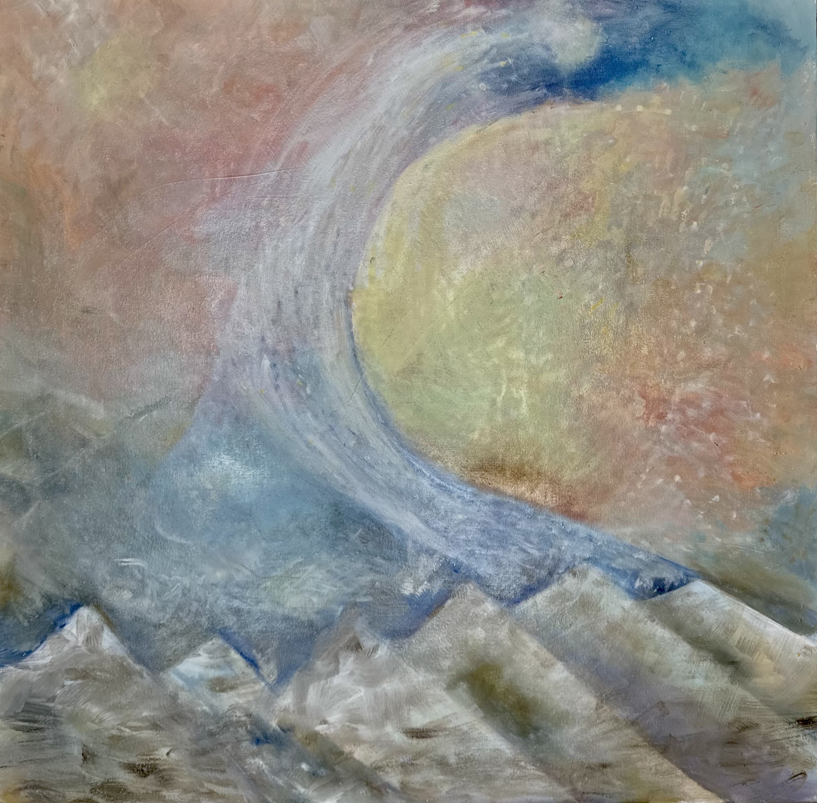 A painting of a wave in the ocean with a sun in the background.