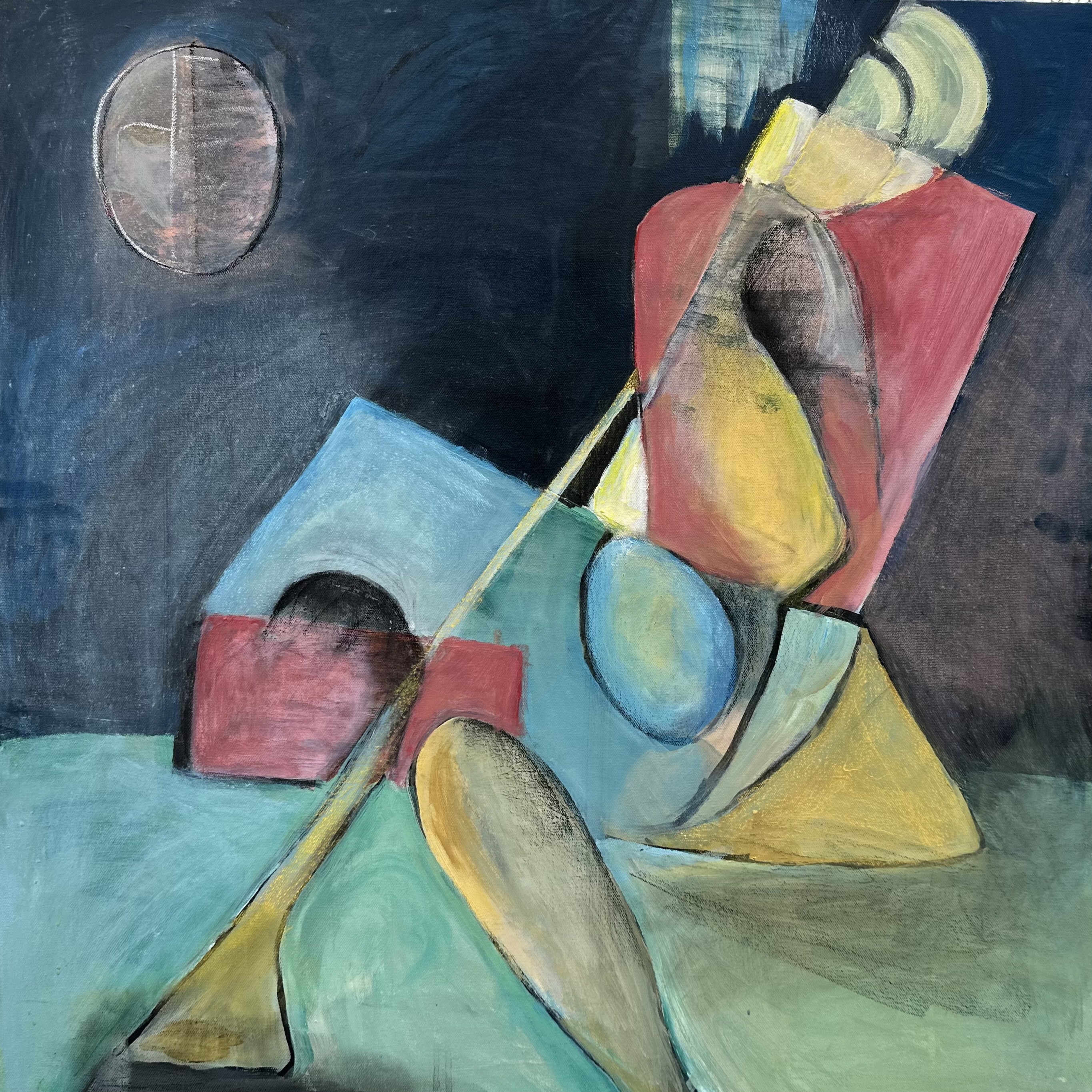 A painting of a still life with a spoon and a bowl of fruit.
