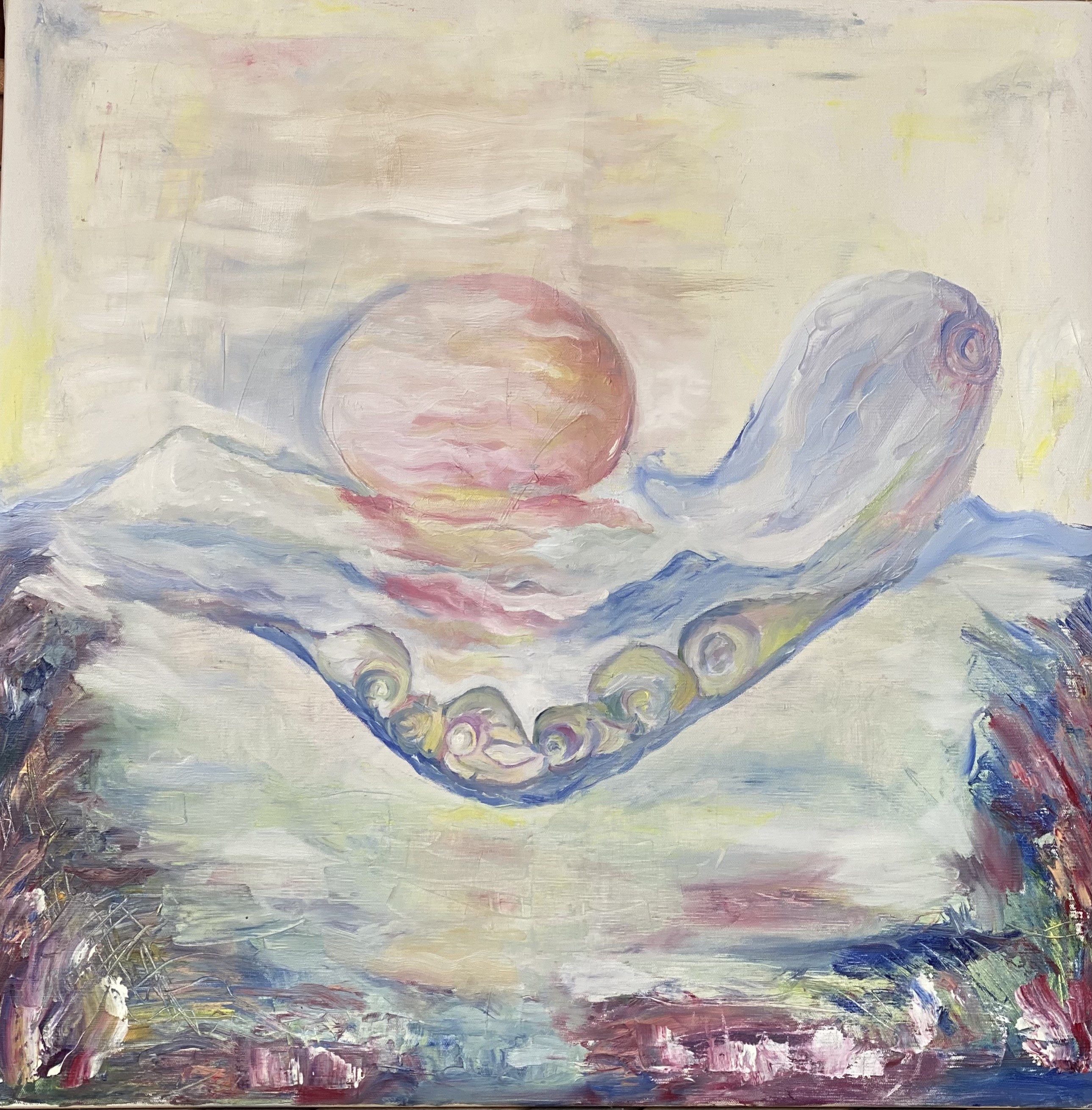 A painting of an octopus with a sun in the background.