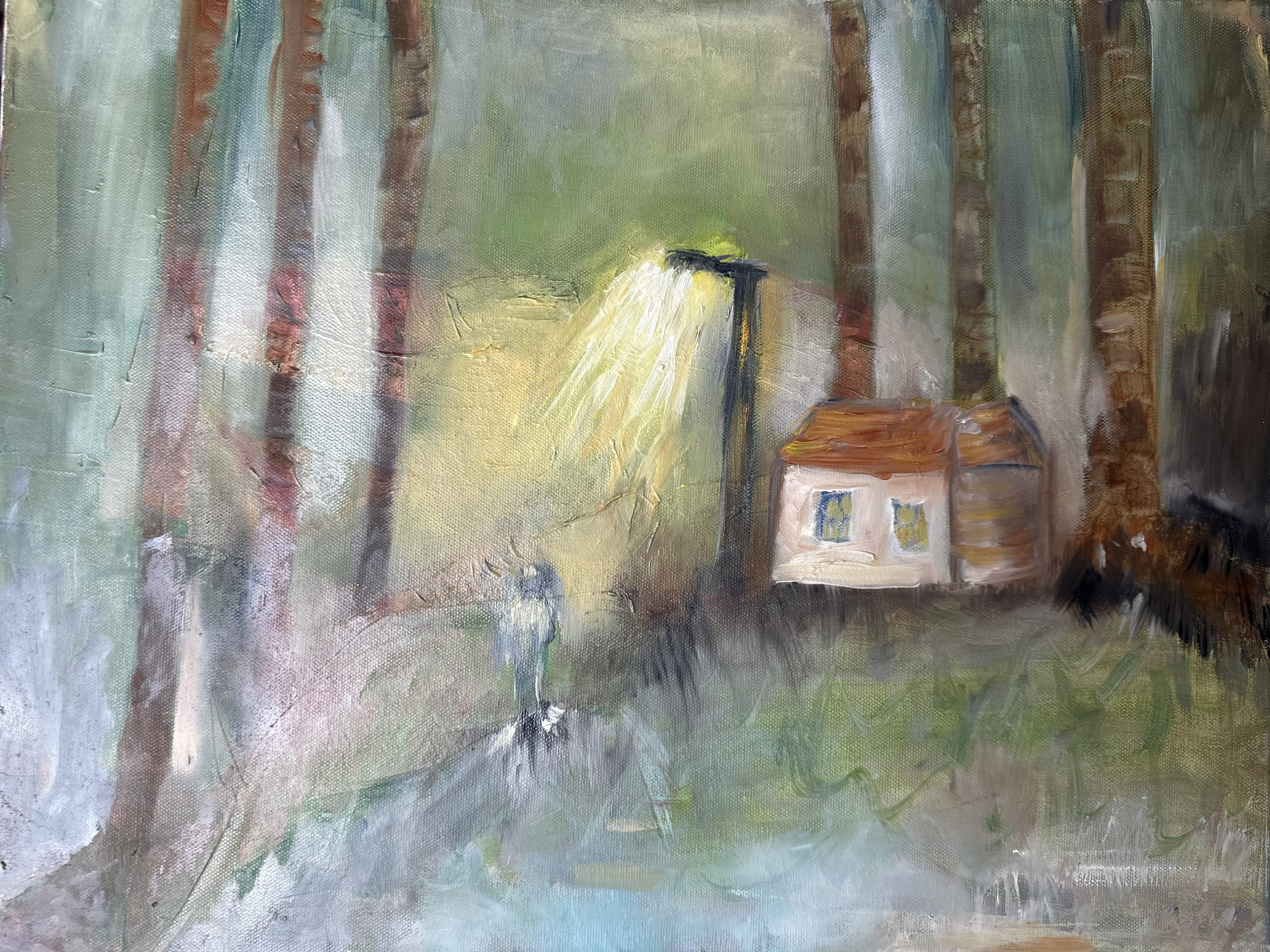 A painting of a house in the woods. 