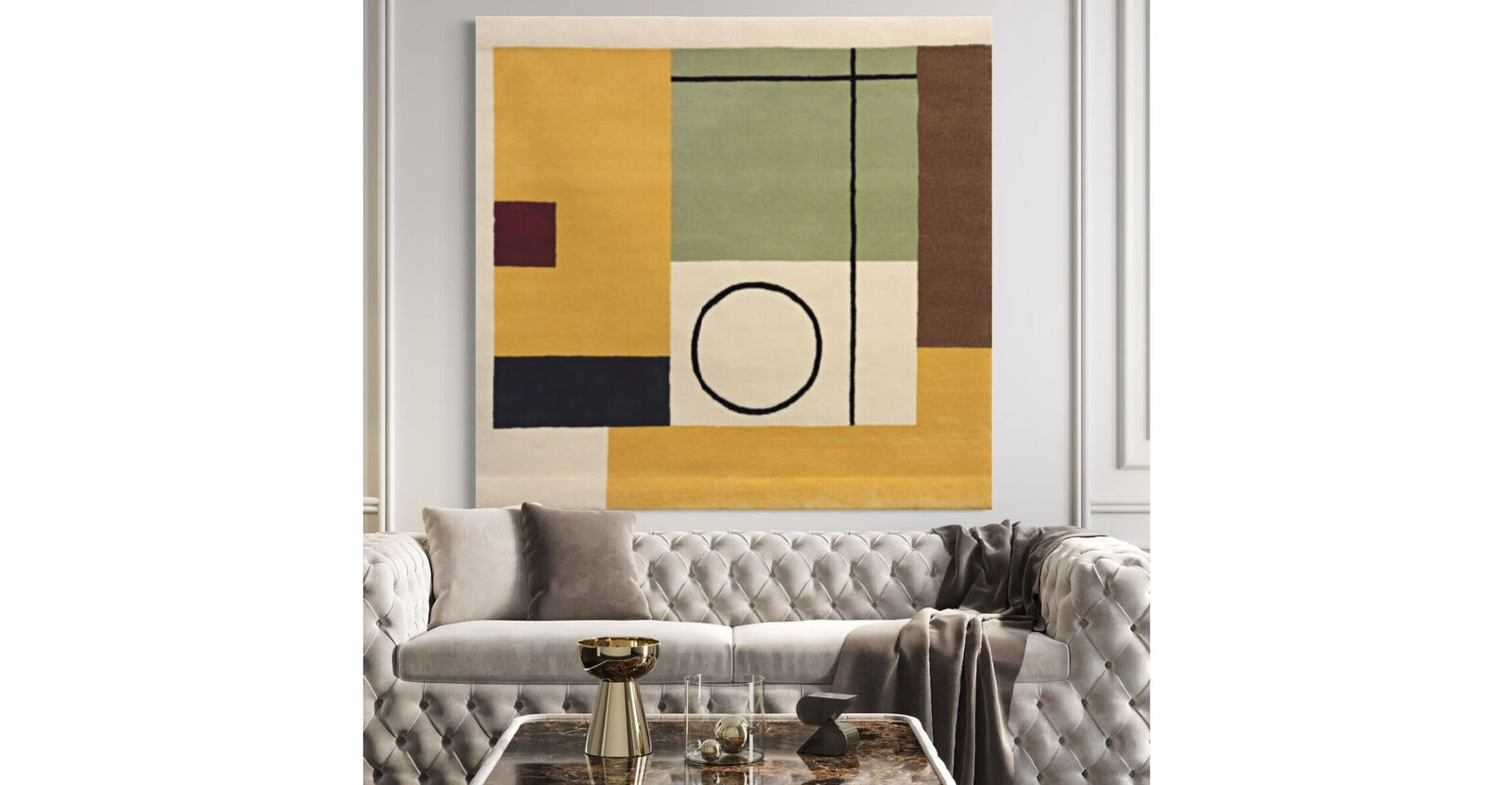 A rug with a geometric design on it. 