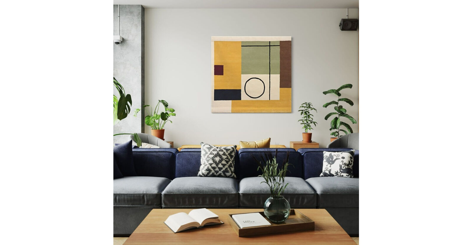 A rug with a geometric design on it. 