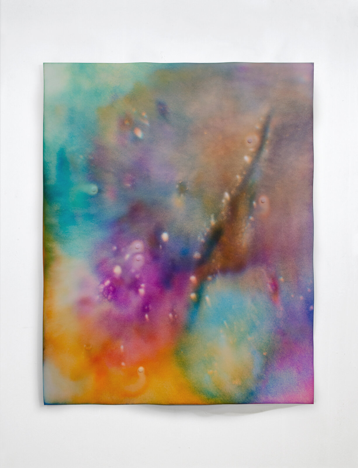 A colorful abstract watercolor painting with a dreamy, cosmic atmosphere.