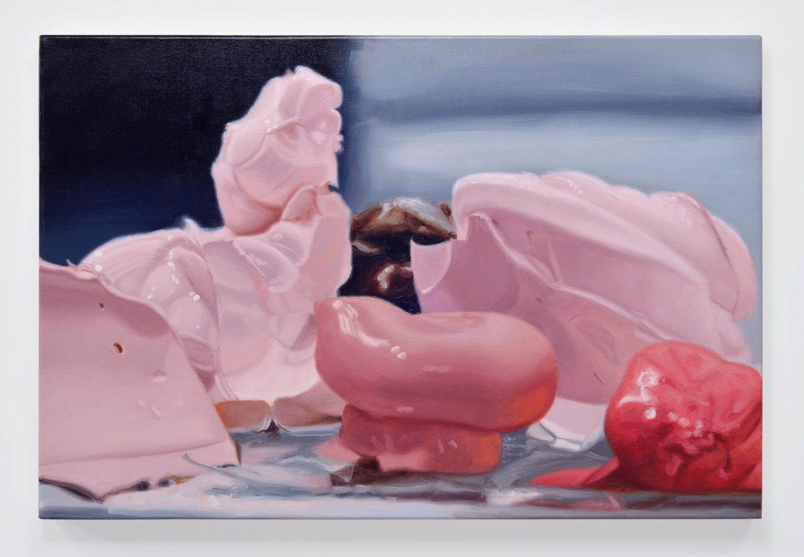 A surreal still life featuring fleshy pink forms and a dark, organic shape against a split background.