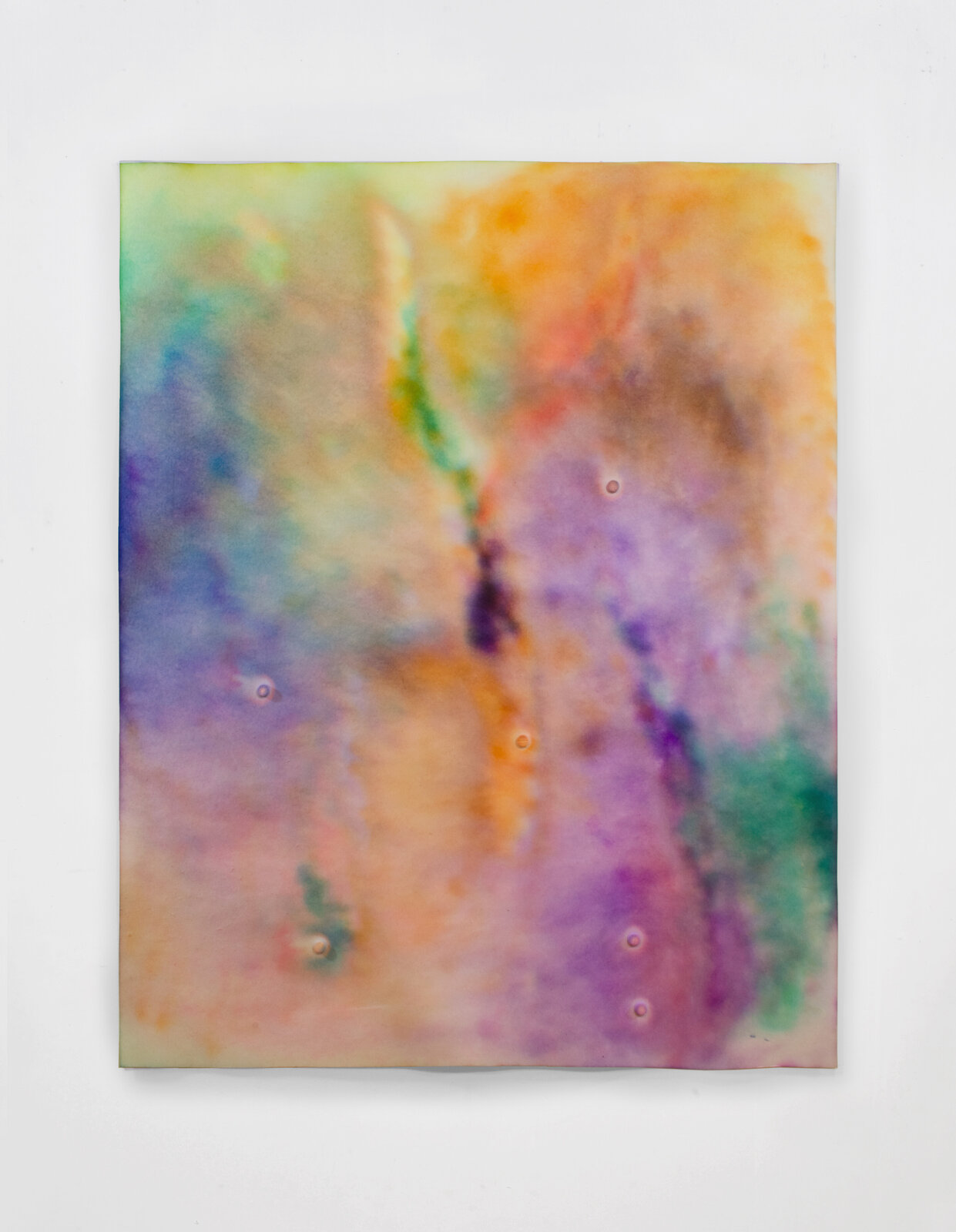 A colorful abstract painting featuring a soft, watercolor-like texture with purple, orange, and green hues.
