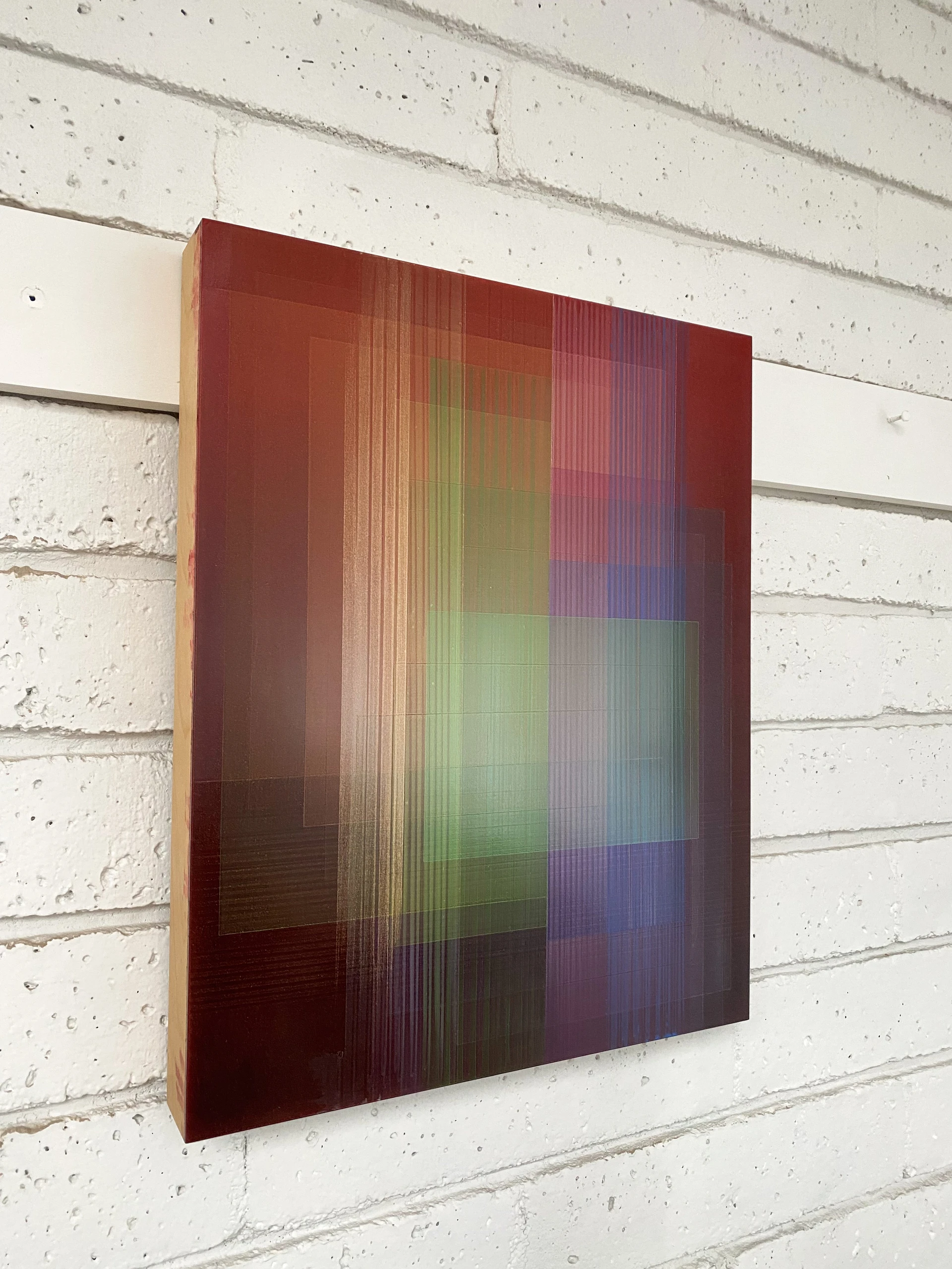 Artwork by Bernadette Jiyong Frank, Migrant (Bordeaux-Green-Gold), Made of Oil, acrylic and gold particles on wood panel 