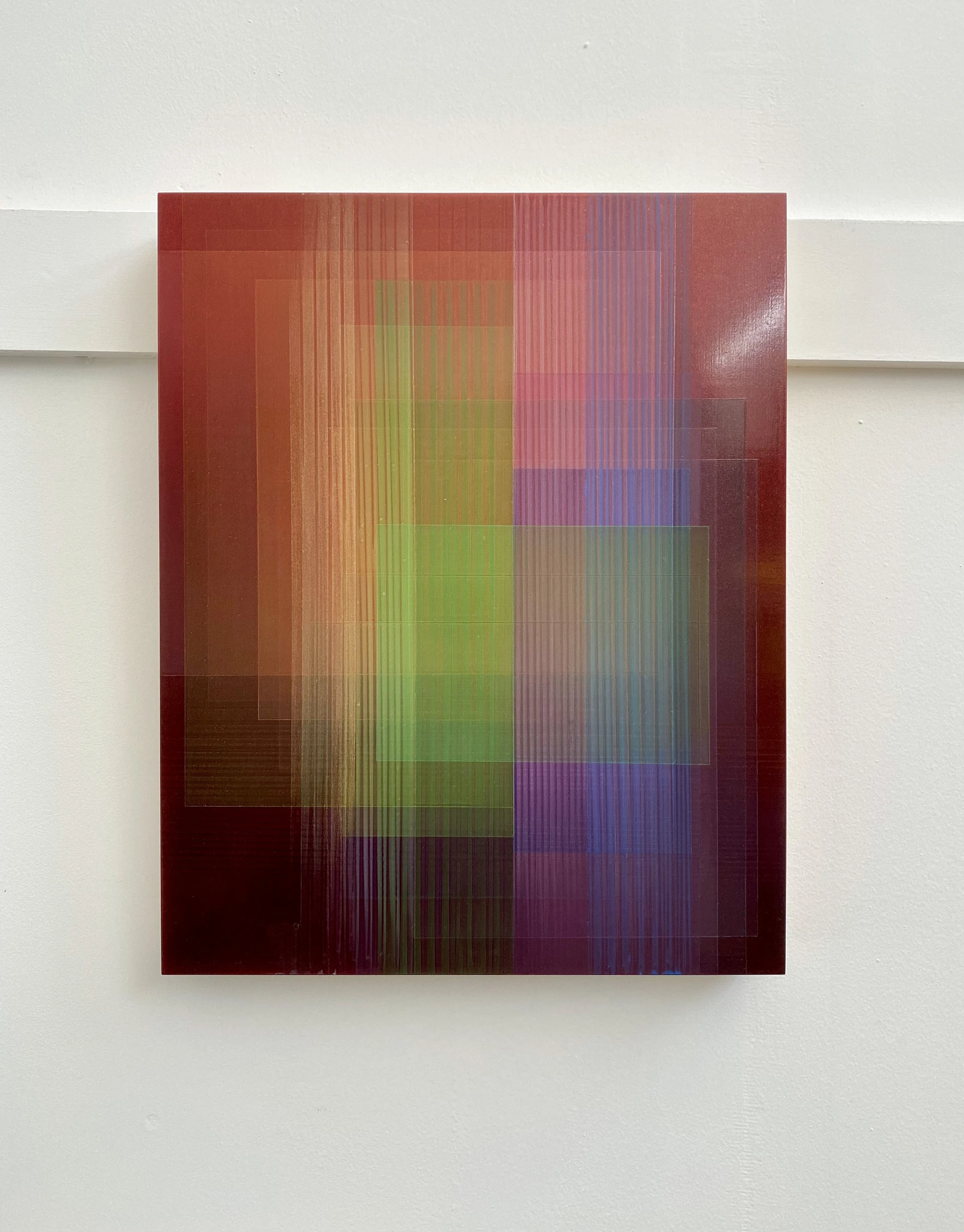 Artwork by Bernadette Jiyong Frank, Migrant (Bordeaux-Green-Gold), Made of Oil, acrylic and gold particles on wood panel 