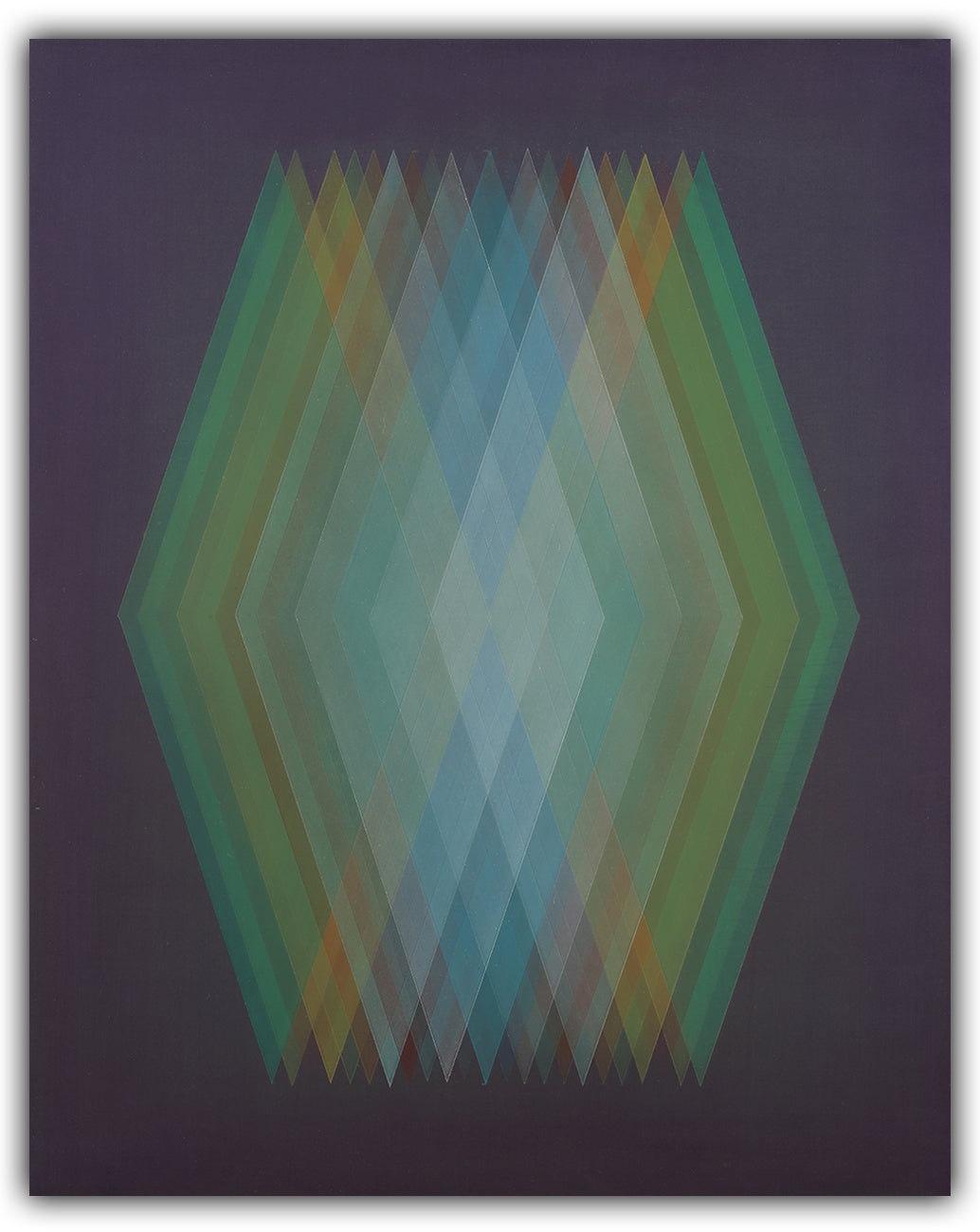 Artwork by Bernadette Jiyong Frank, Prism (Cyan-Orange-Green), Made of Oil, acrylic and silver particles on wood panel 