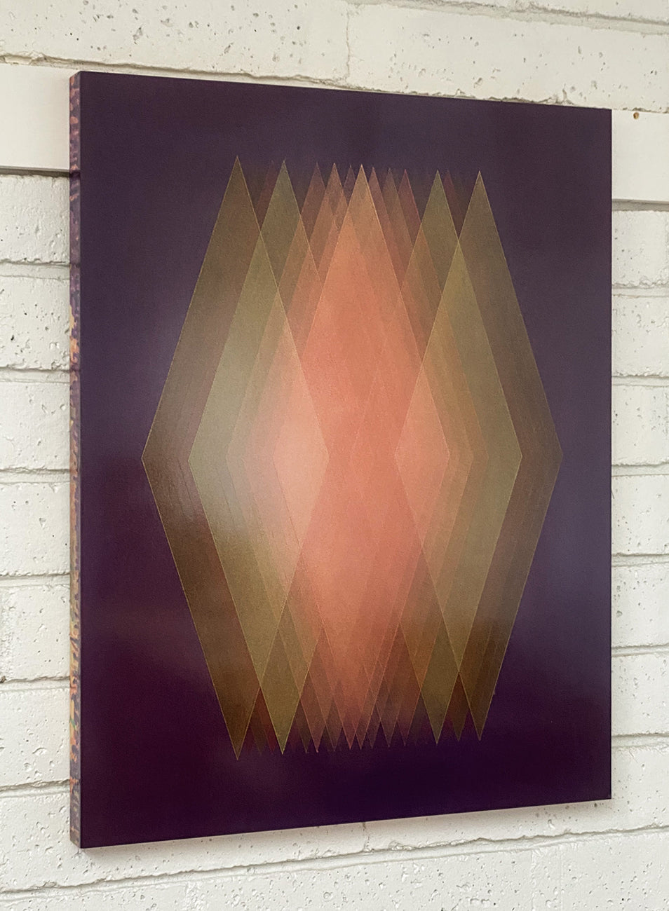 An orange and red abstract painting on a purple background.