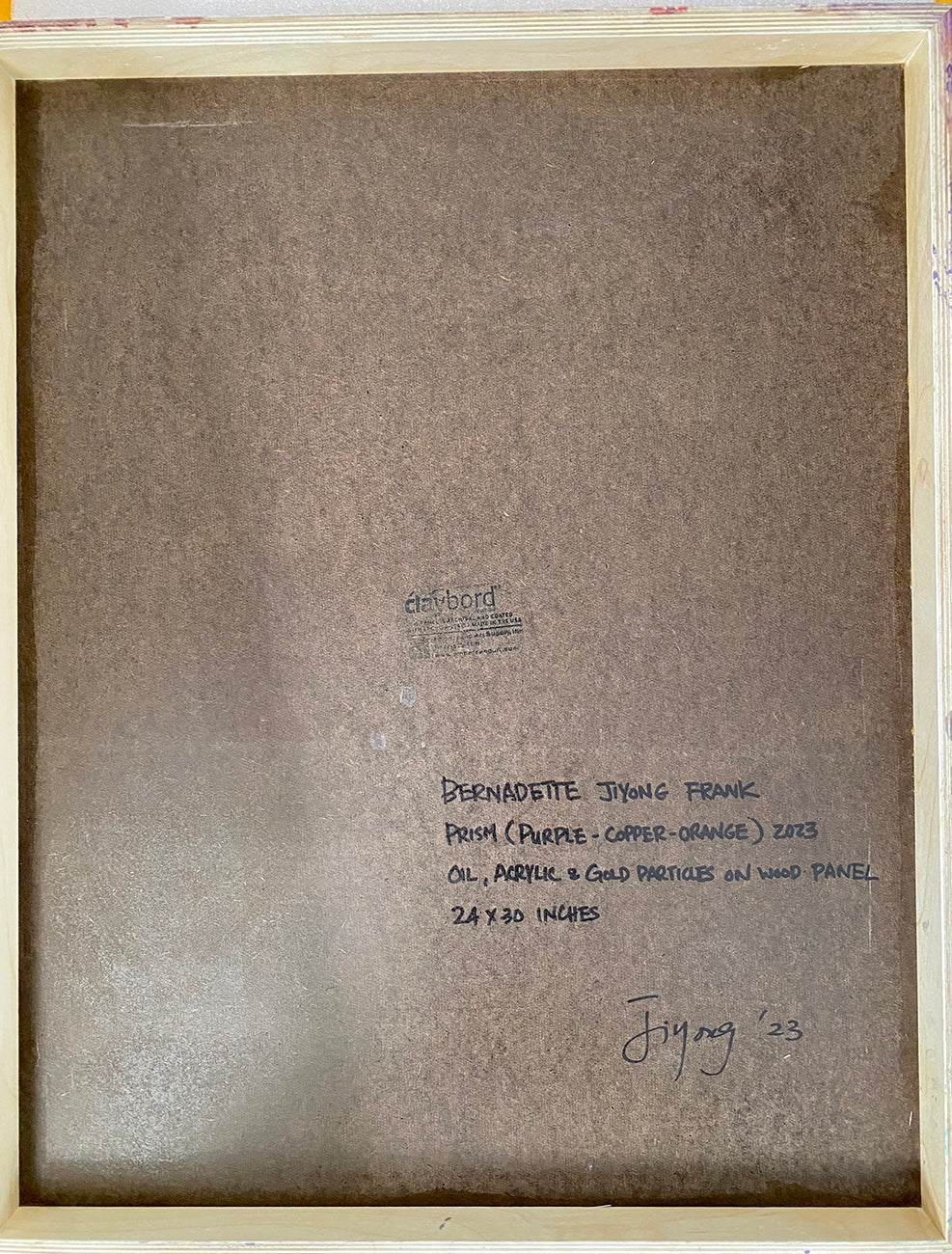 An orange and red abstract painting on a purple background.