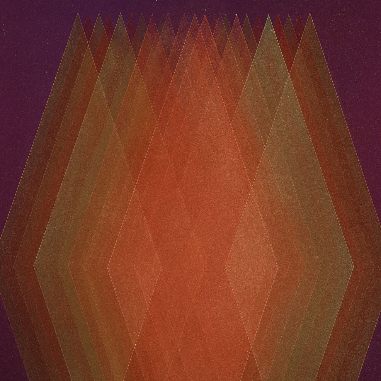 An orange and red abstract painting on a purple background.