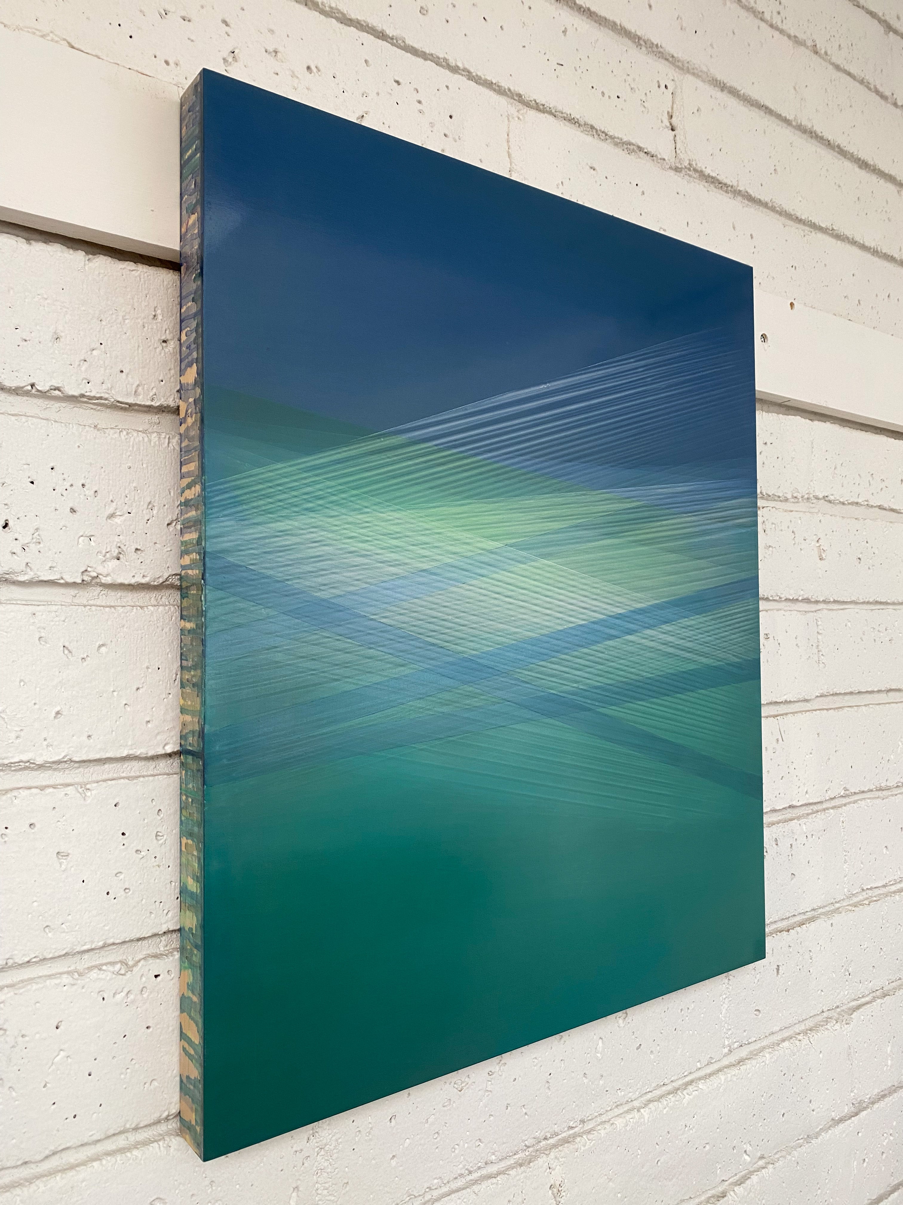 A blue and green abstract painting on a white background.